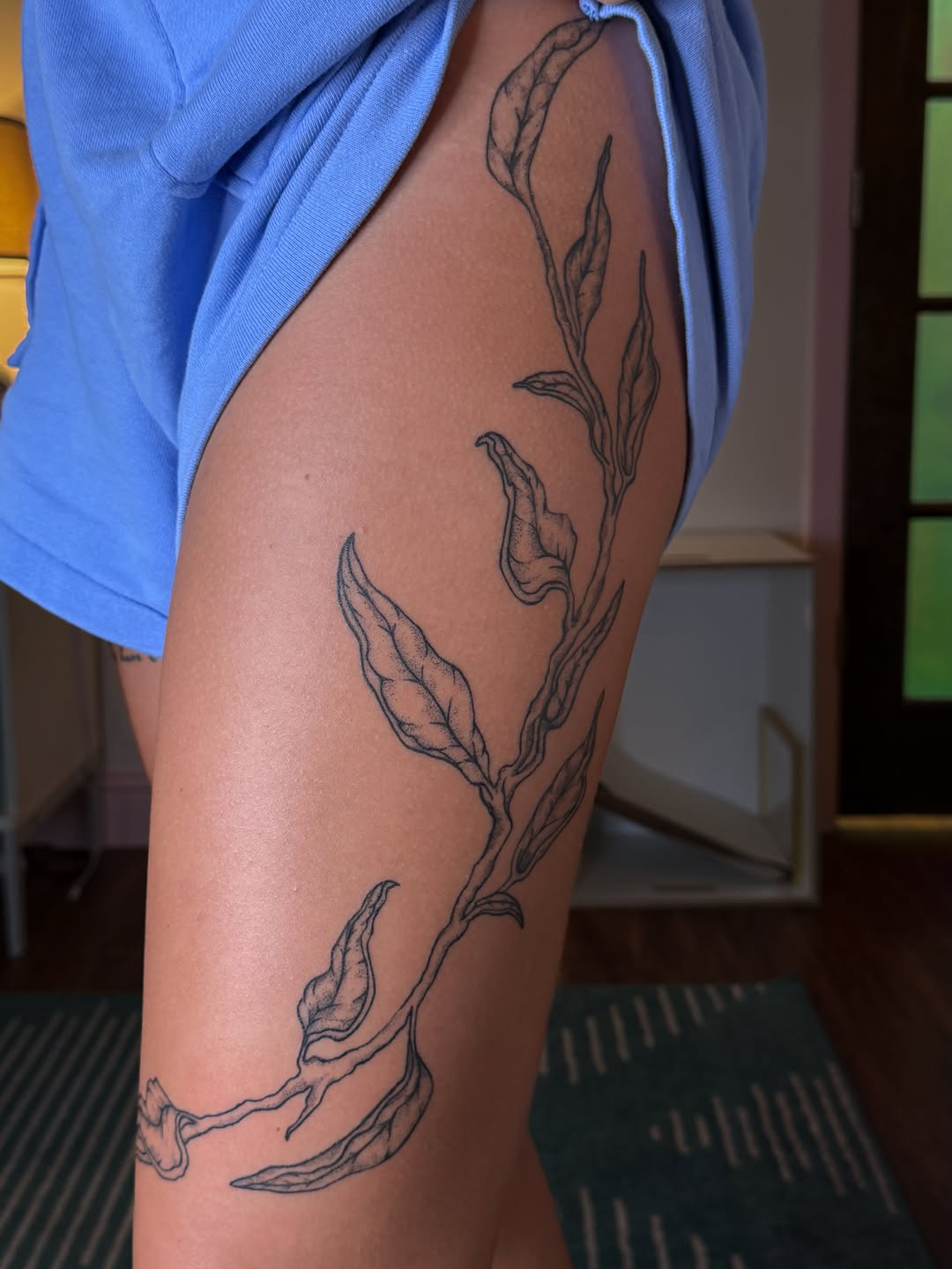 Branch with leaves cyber sigilism tattoo on the thigh by Bella - Austin Tattoo Artist ₓ˚. ୭