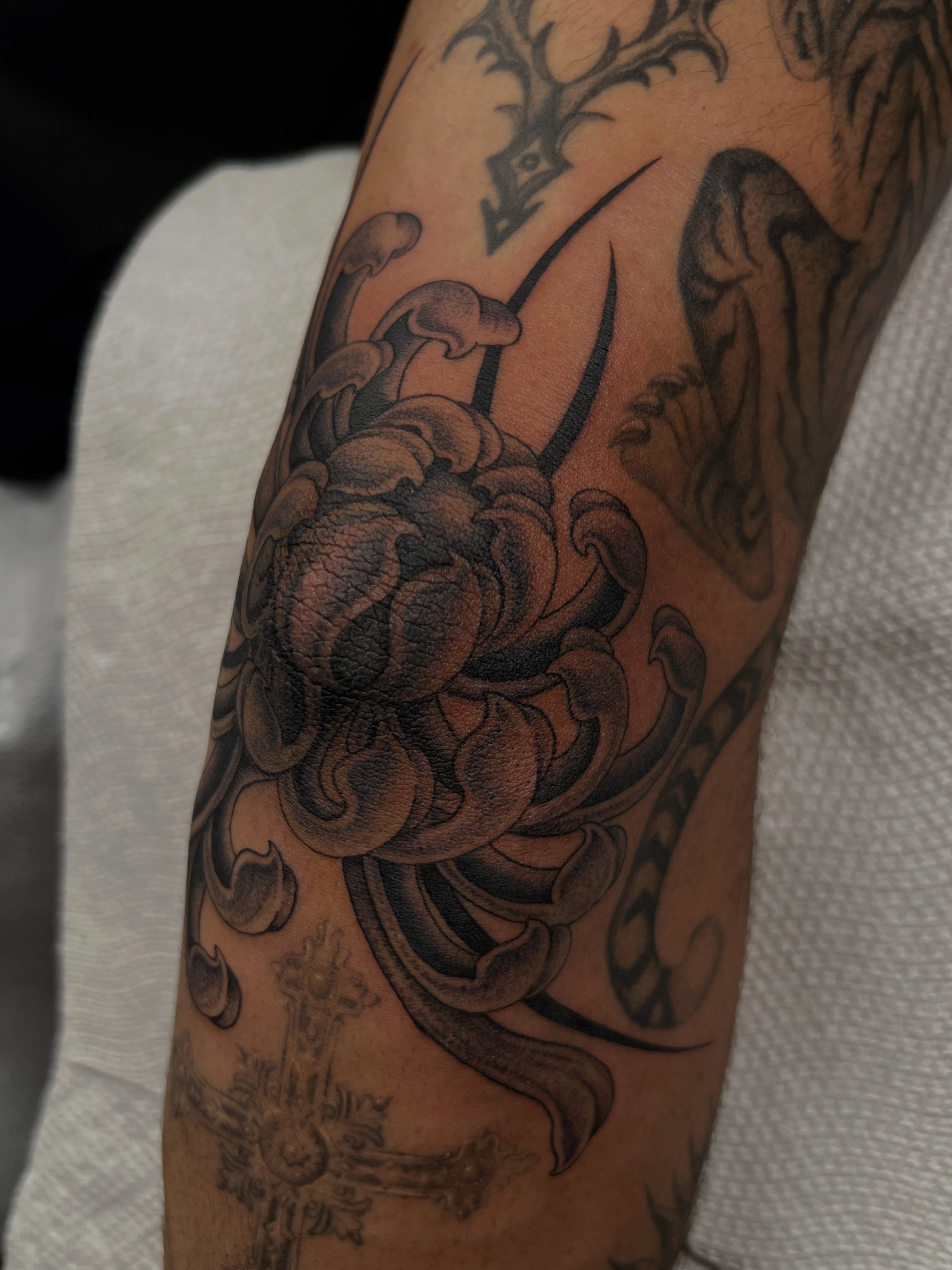 Peony and snake black and grey tattoo on the forearm by Cassidy Maples