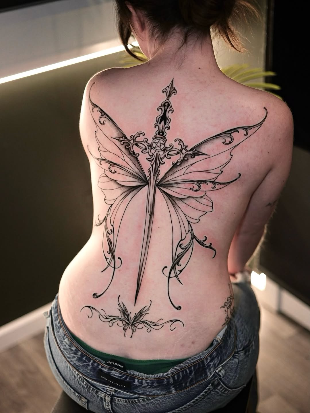 Sword with fairy wings cyber sigilism tattoo on the back by IVY