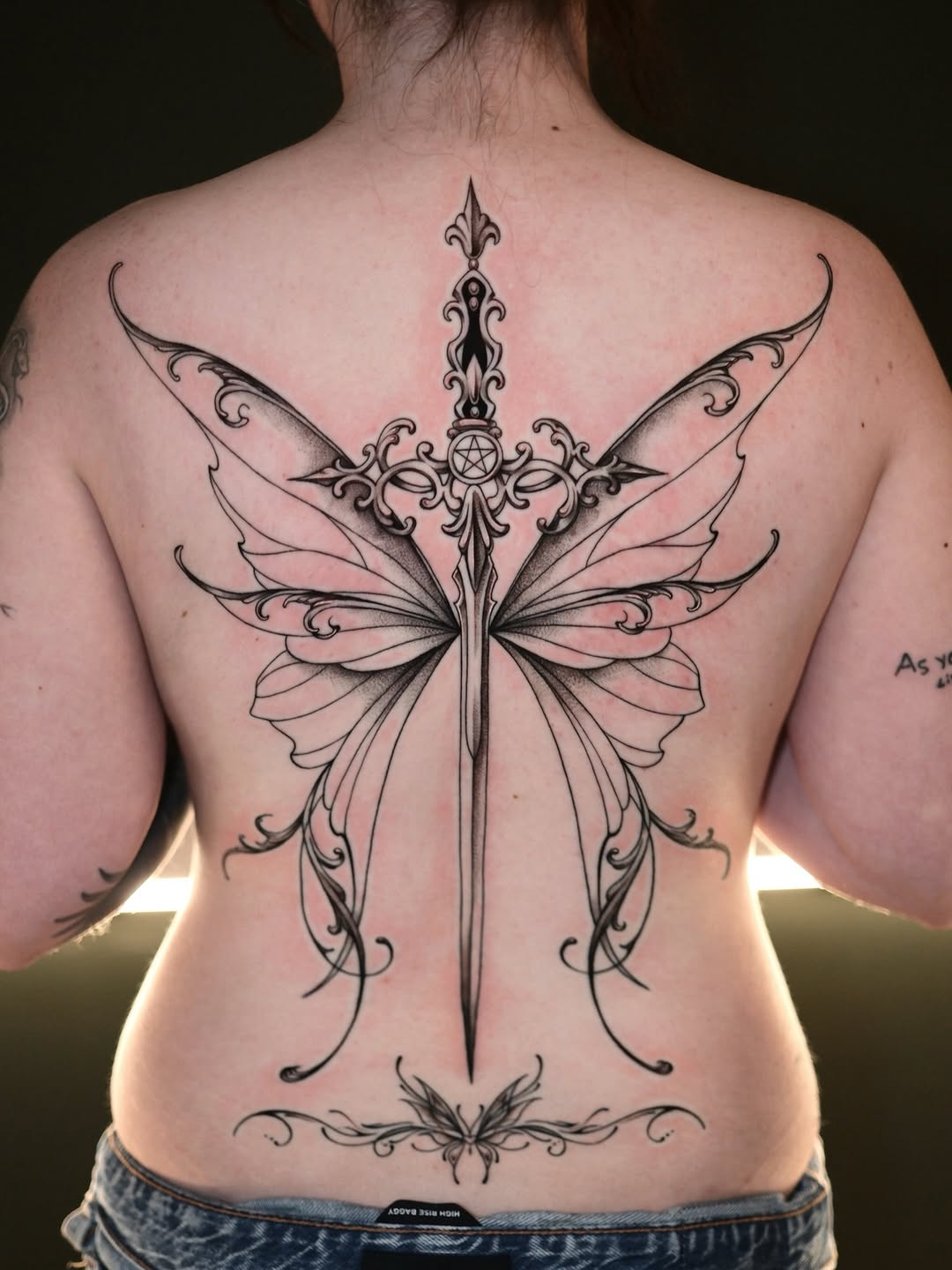 Sword with fairy wings cyber sigilism tattoo on the back by IVY
