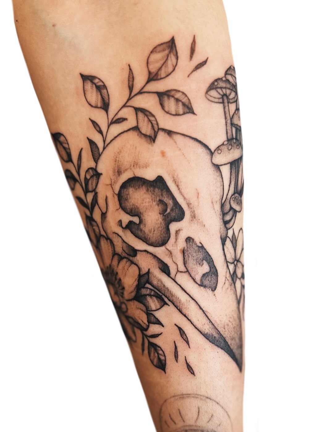 Tattoo by @shroomgrrrl — black_and_grey