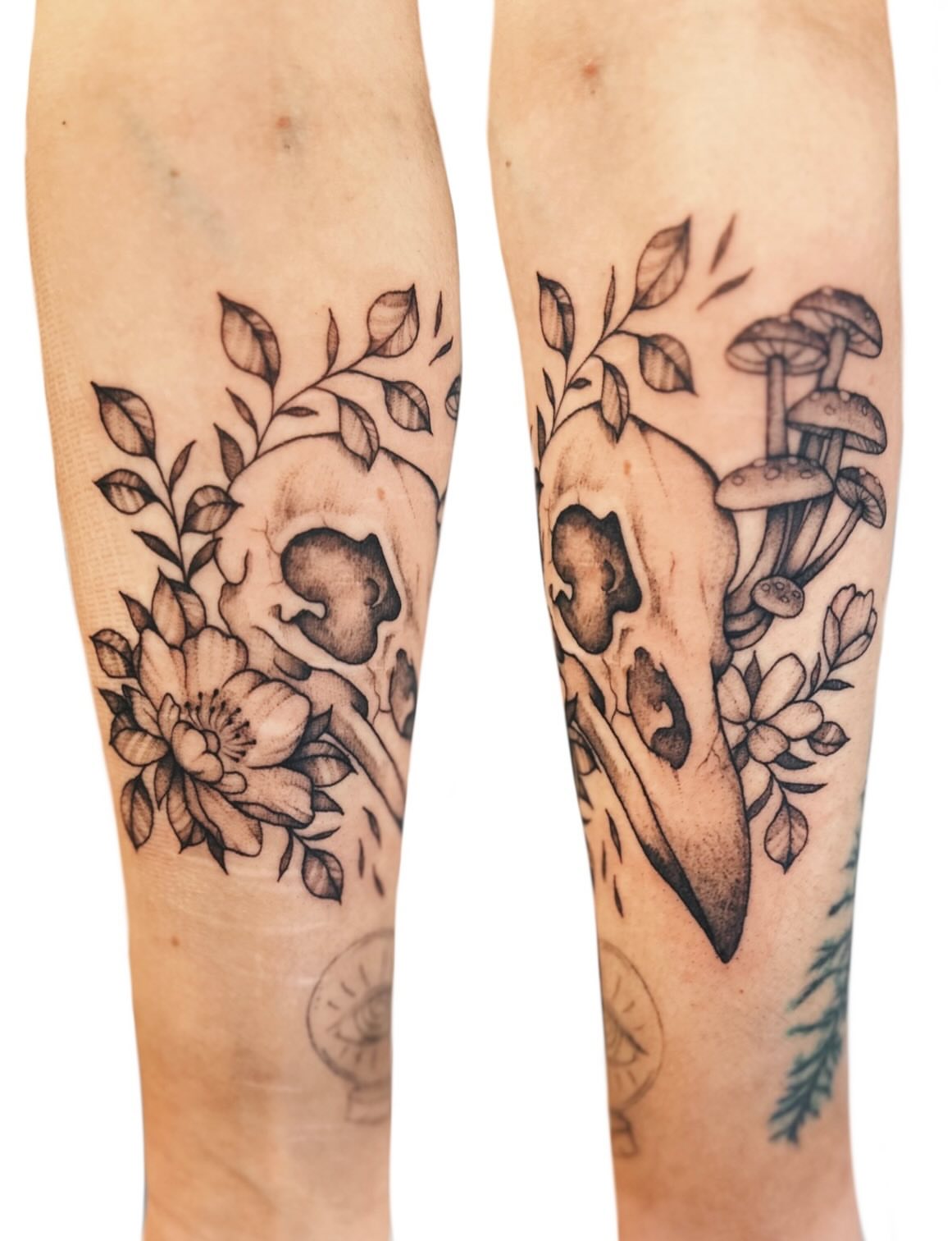 Tattoo by @shroomgrrrl — black_and_grey