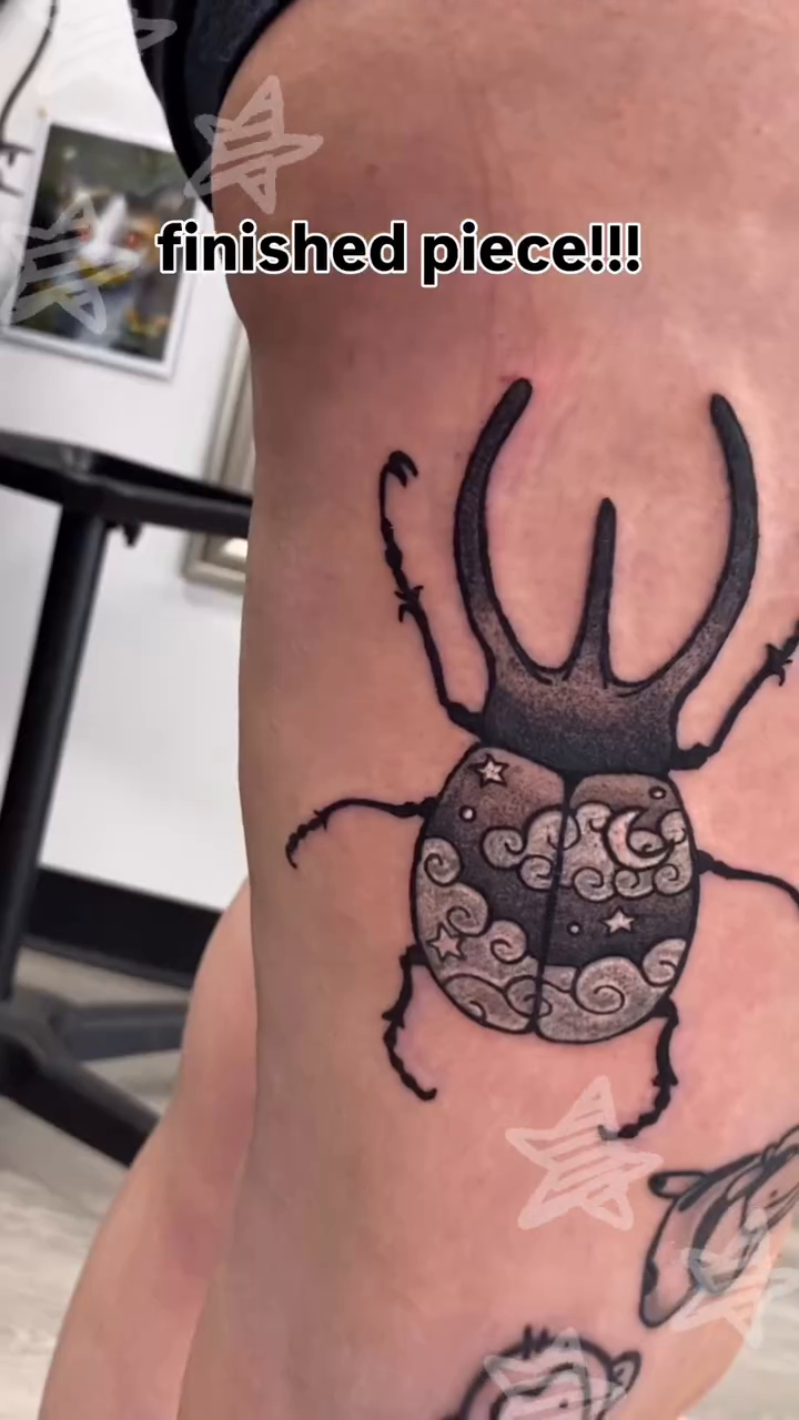 Stag beetle with celestial clouds fine line tattoo on the forearm by ande