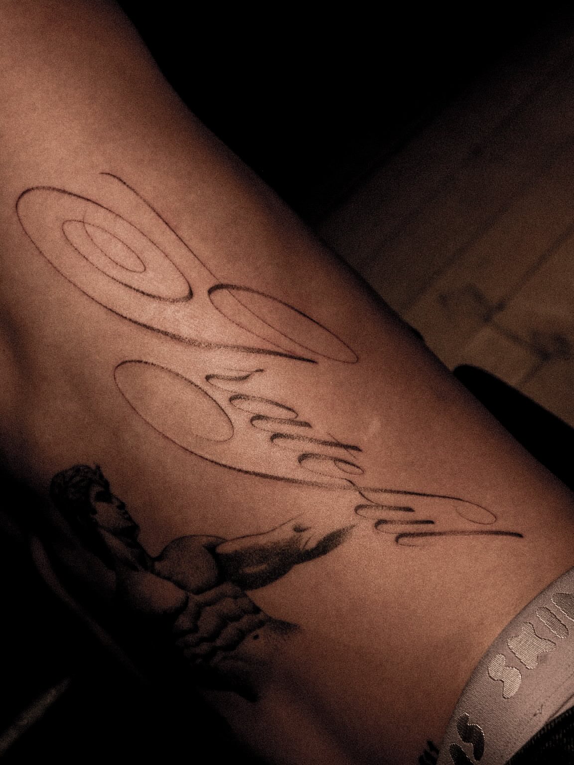 Script lettering lettering script tattoo on the forearm by ๐๐, Tacoma, Washington