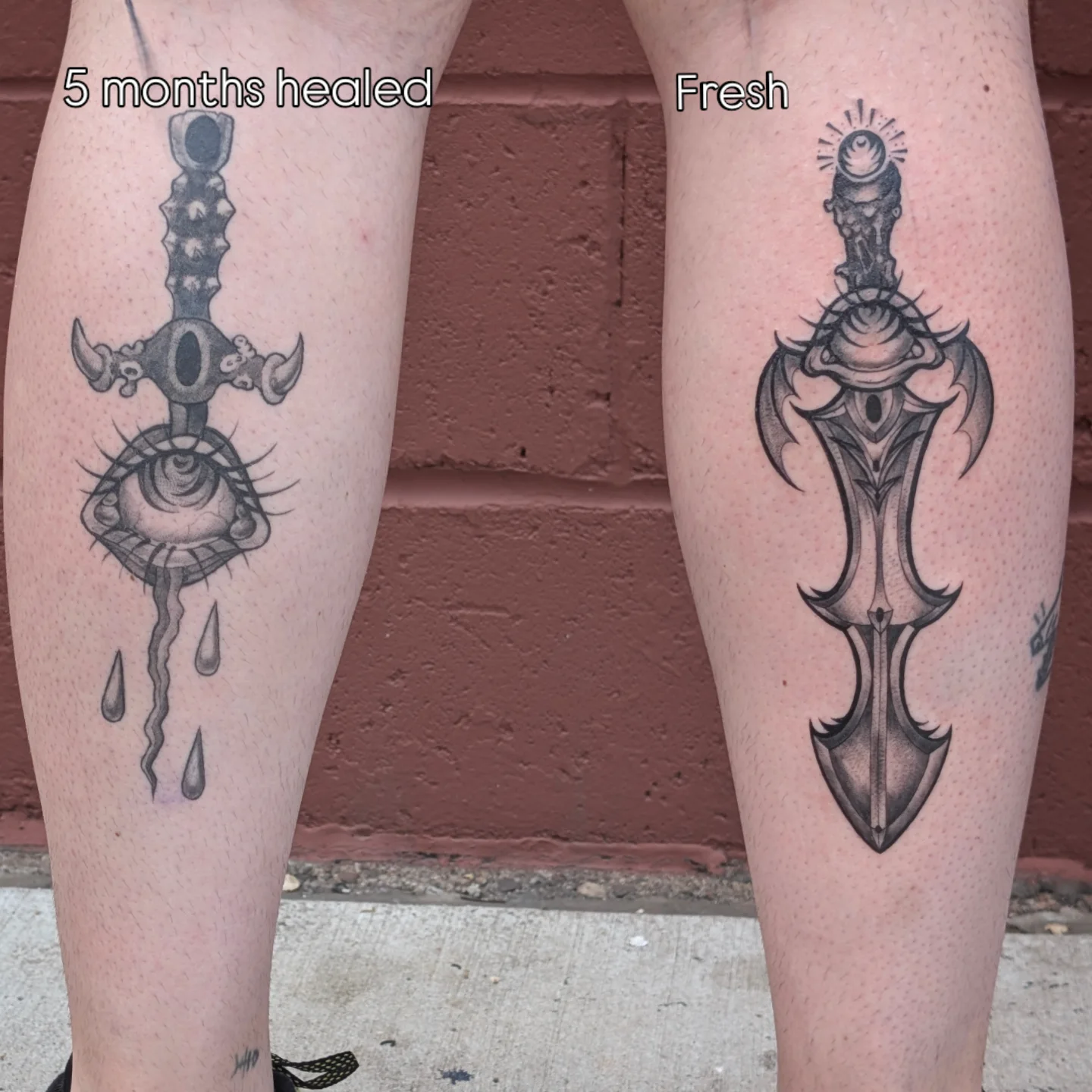 Eye and dagger black and grey tattoo on the leg by Jo Xylo - Minneapolis Tattoo Artist, Minneapolis, Minnesota
