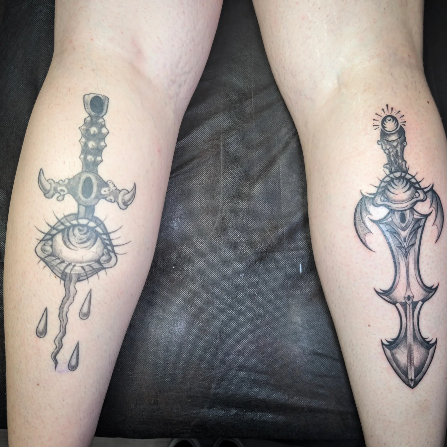 Eye and dagger geometric tattoo on the leg by Jo Xylo - Minneapolis Tattoo Artist, Minneapolis, Minnesota