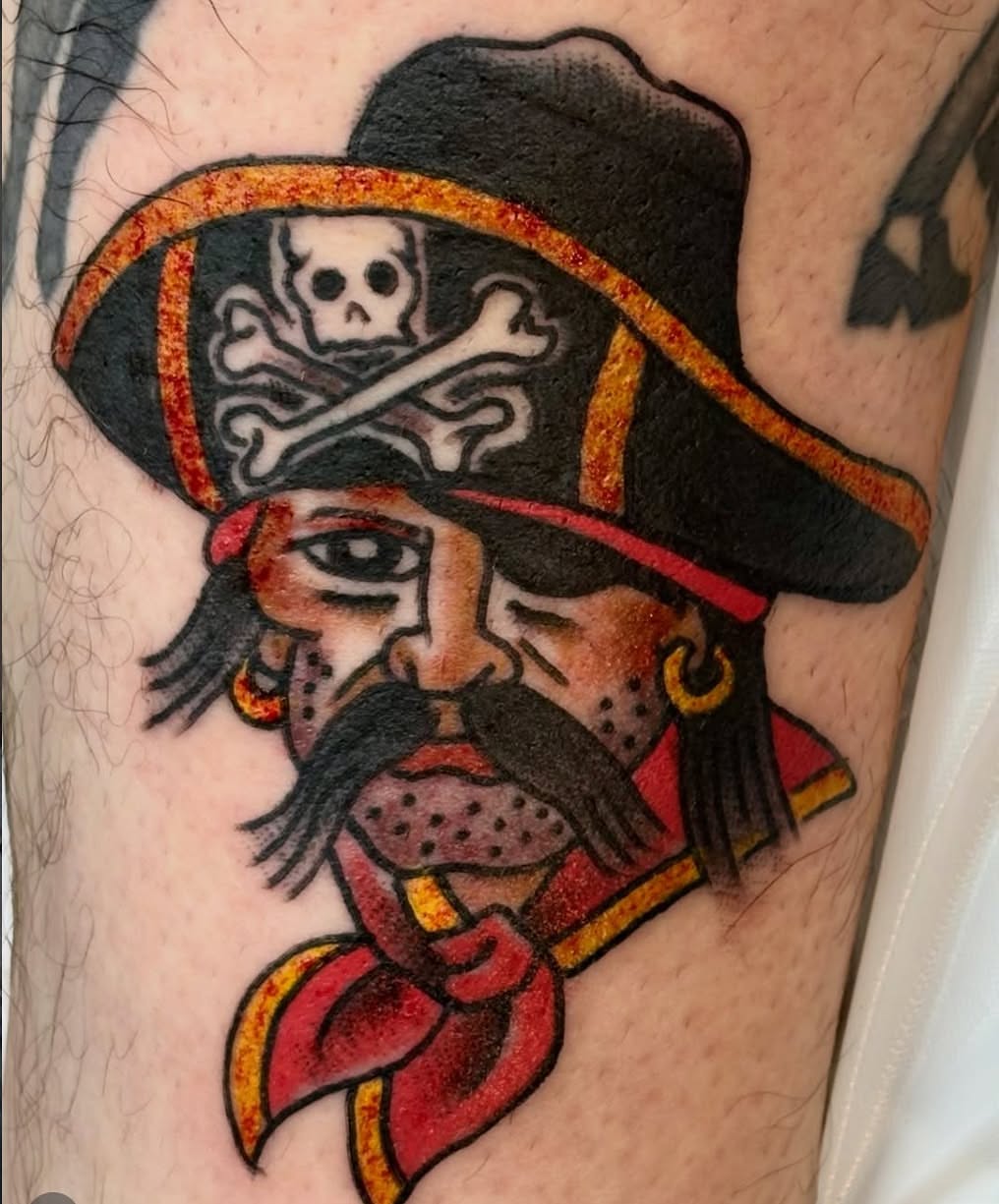 Pirate captain American traditional tattoo on the forearm by Annette LaRules LaRue
