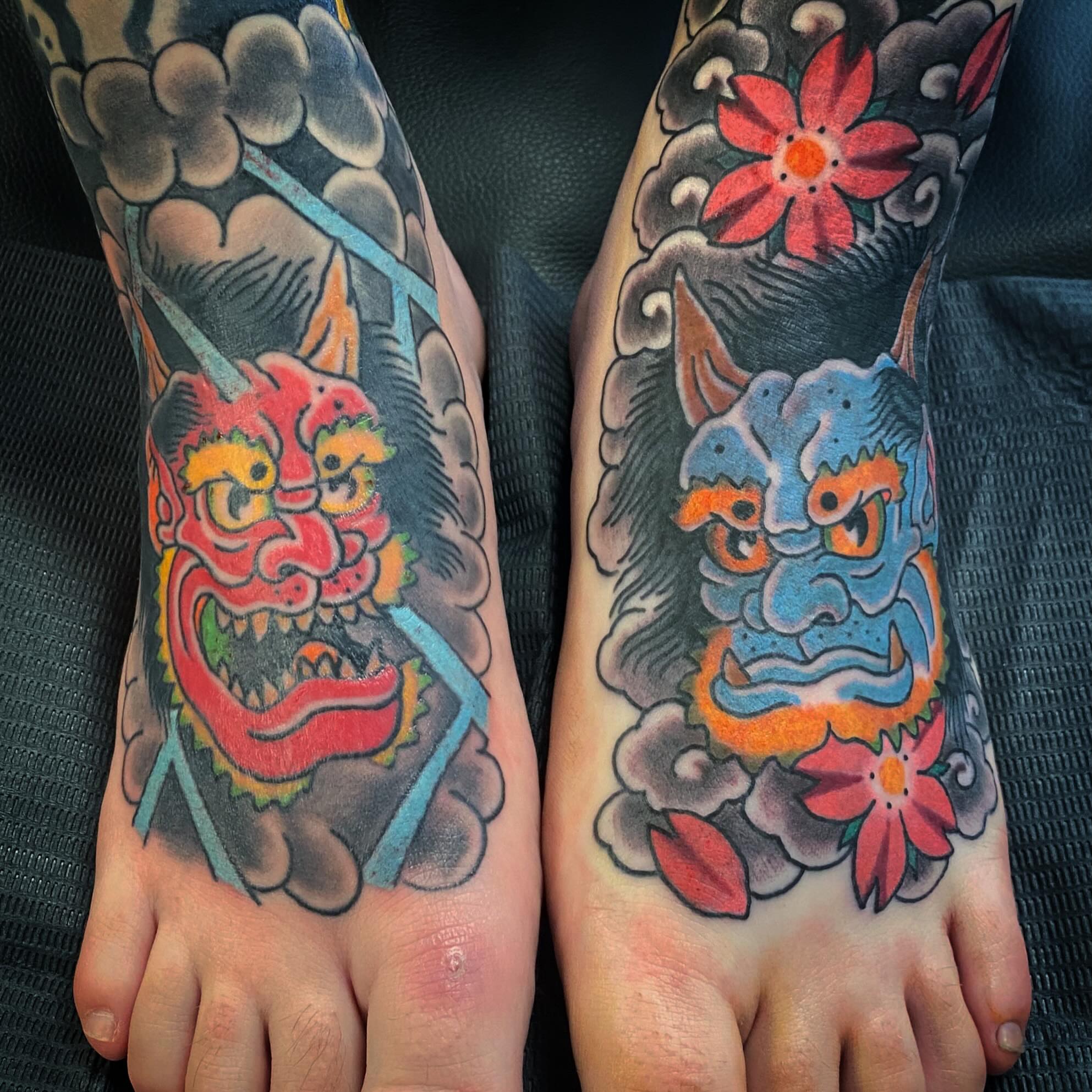 Japanese demon mask American traditional tattoo on the foot by Kyle Mitchell, Cincinnati