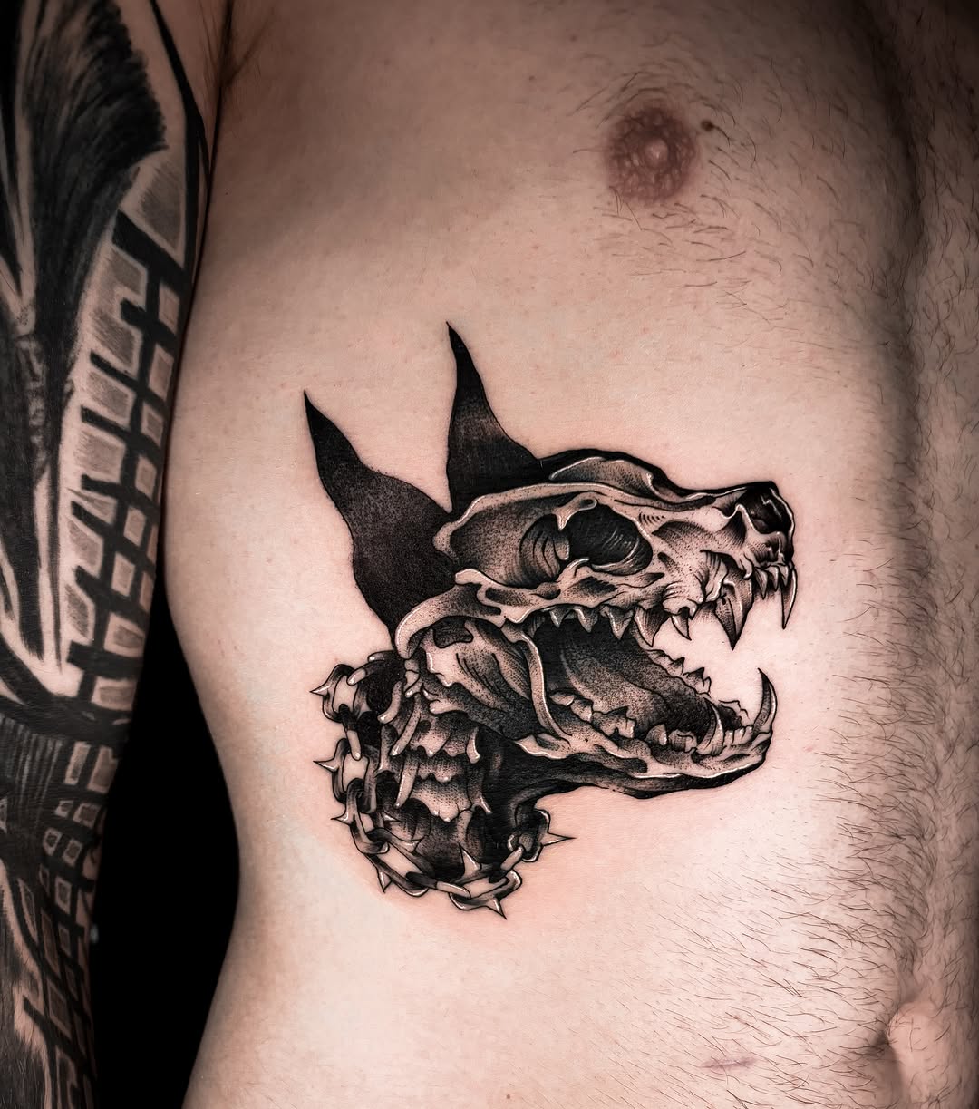 Dog skull with chain realism tattoo on the chest by ✿ Desiree Gawle ✿