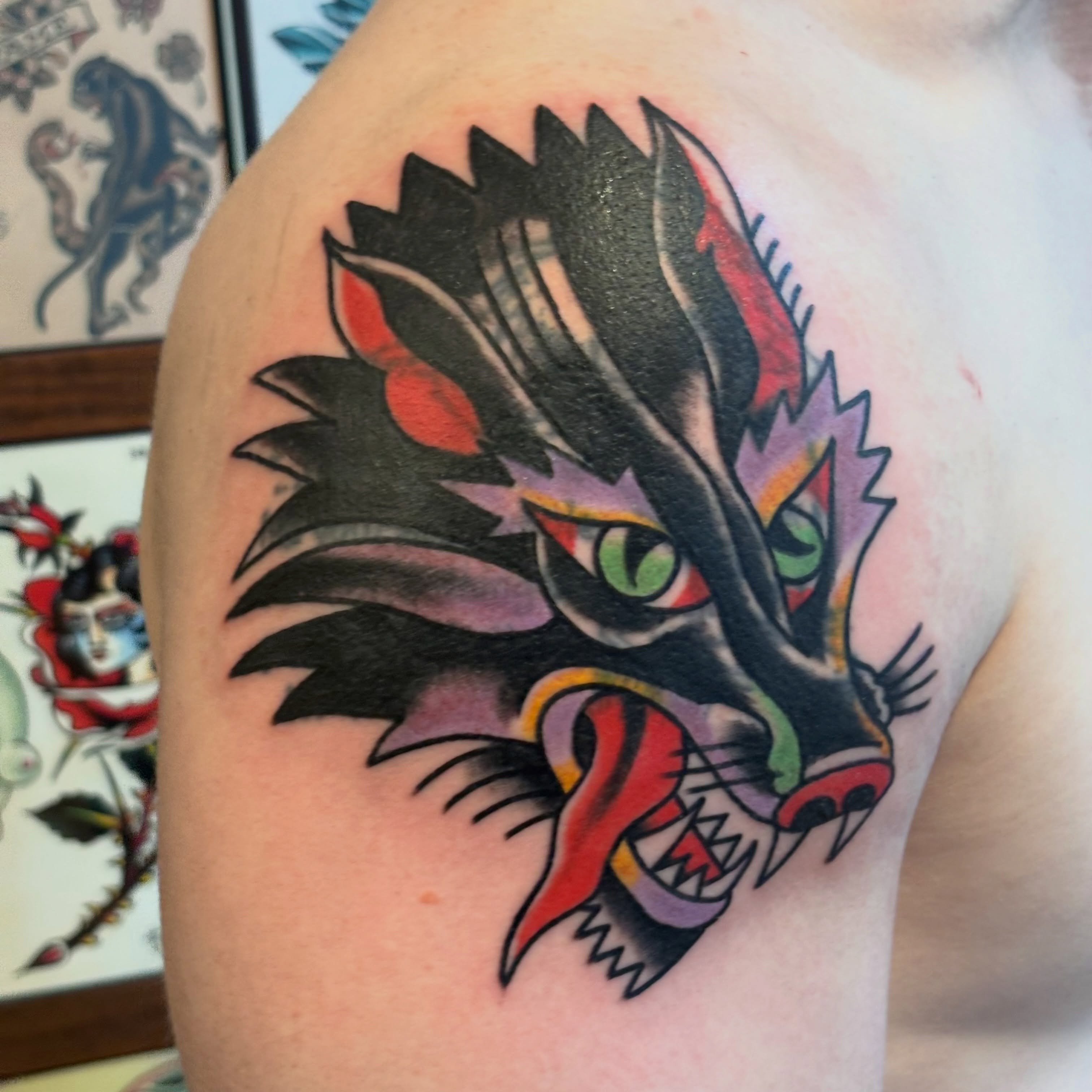 Cat American traditional tattoo on the shoulder by Malachi
