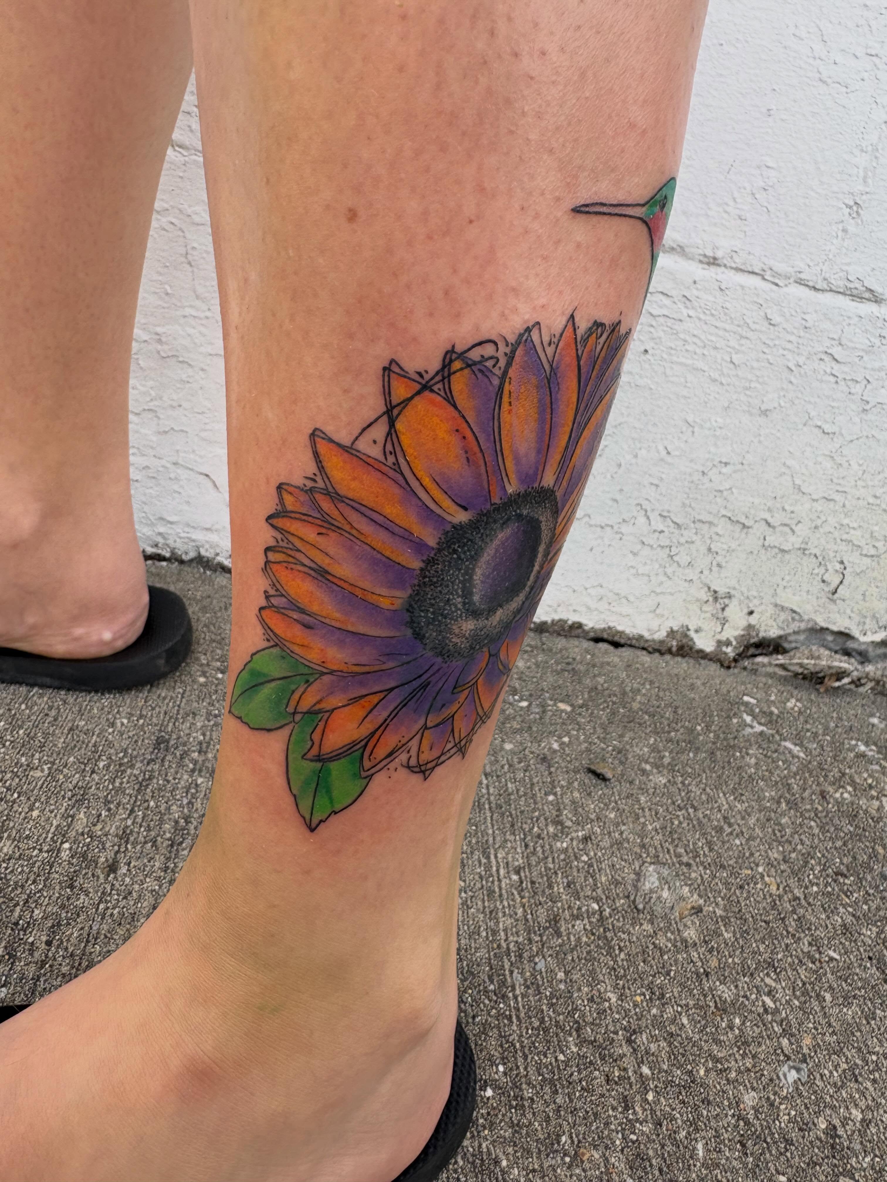 Sunflower realism tattoo on the calf by Andrea 🎨🖌