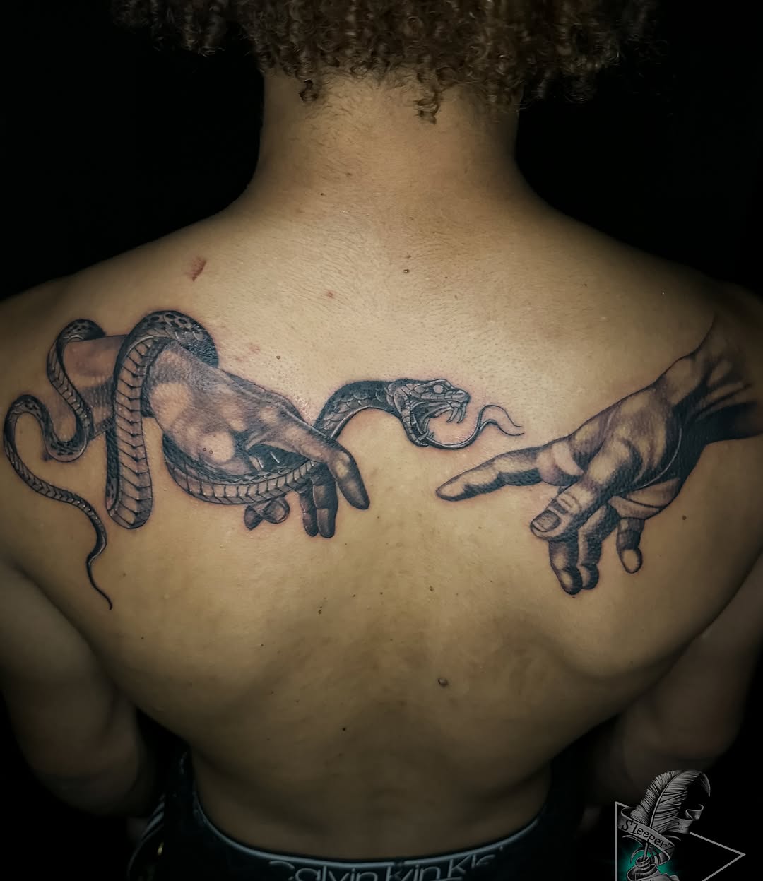 Snake and hand realism tattoo on the back by Travis Sleeper