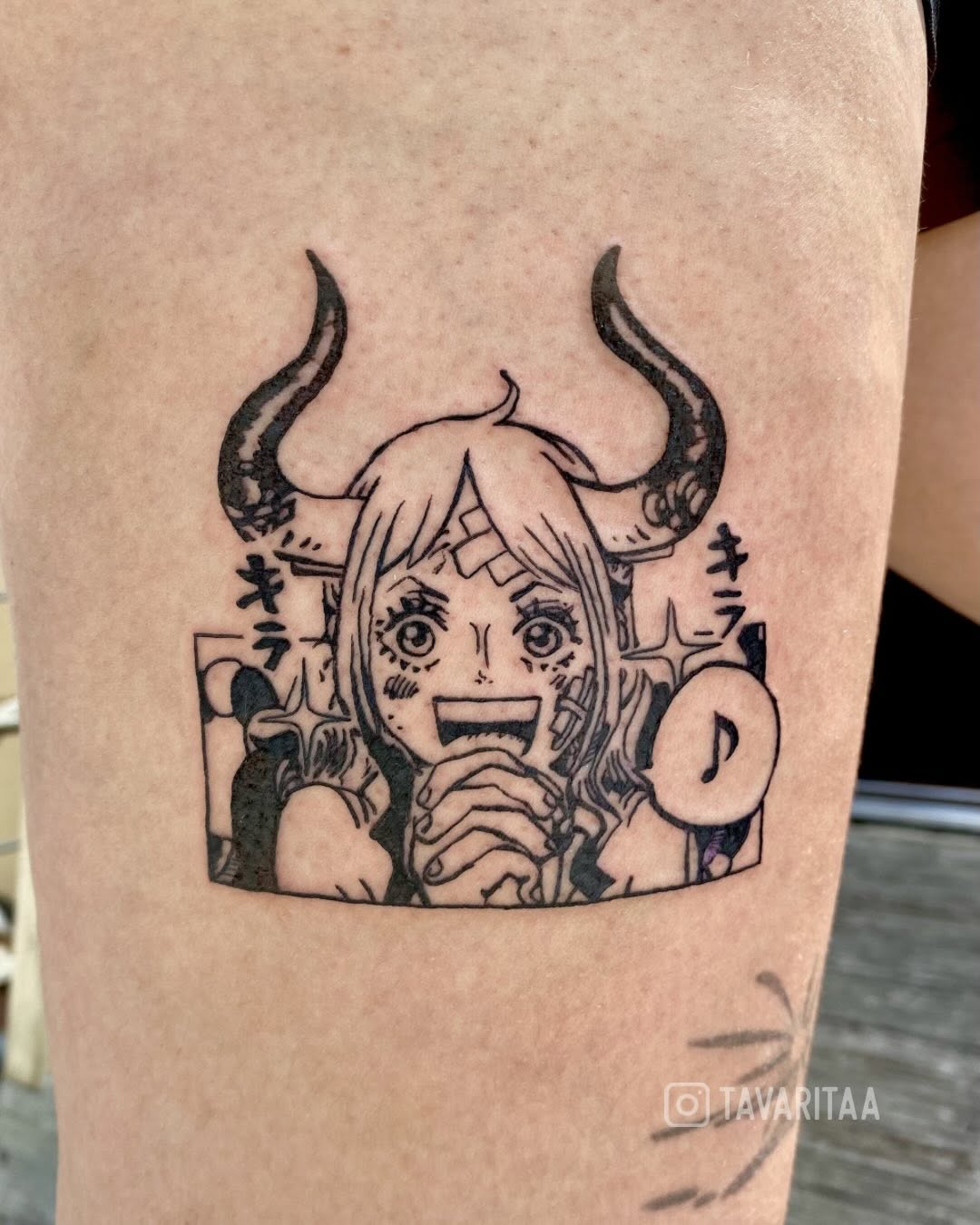 Anime character with horns tattoo on the thigh by Tavarita