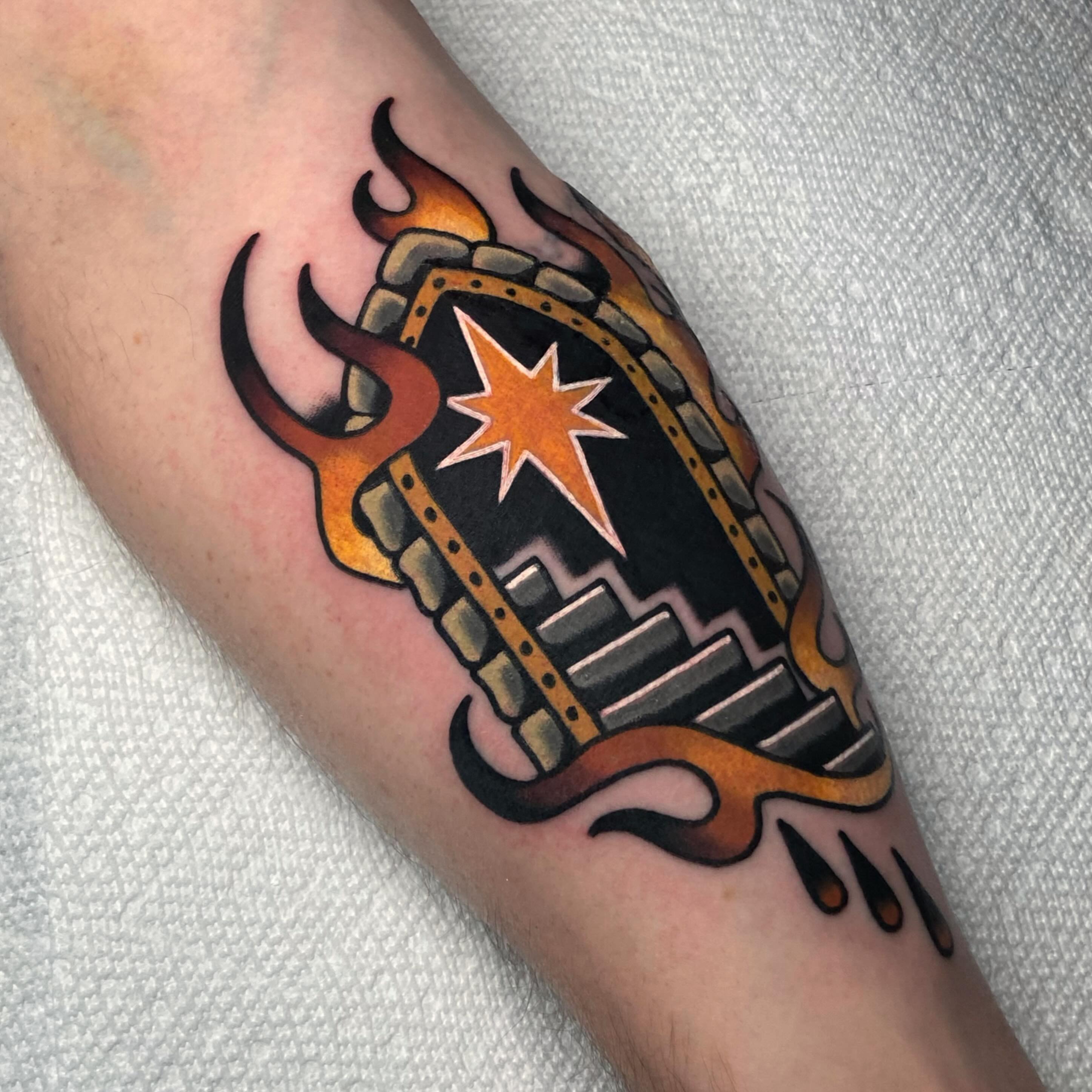 Fire and star American traditional tattoo on the forearm by Matthew Limbers⚜️