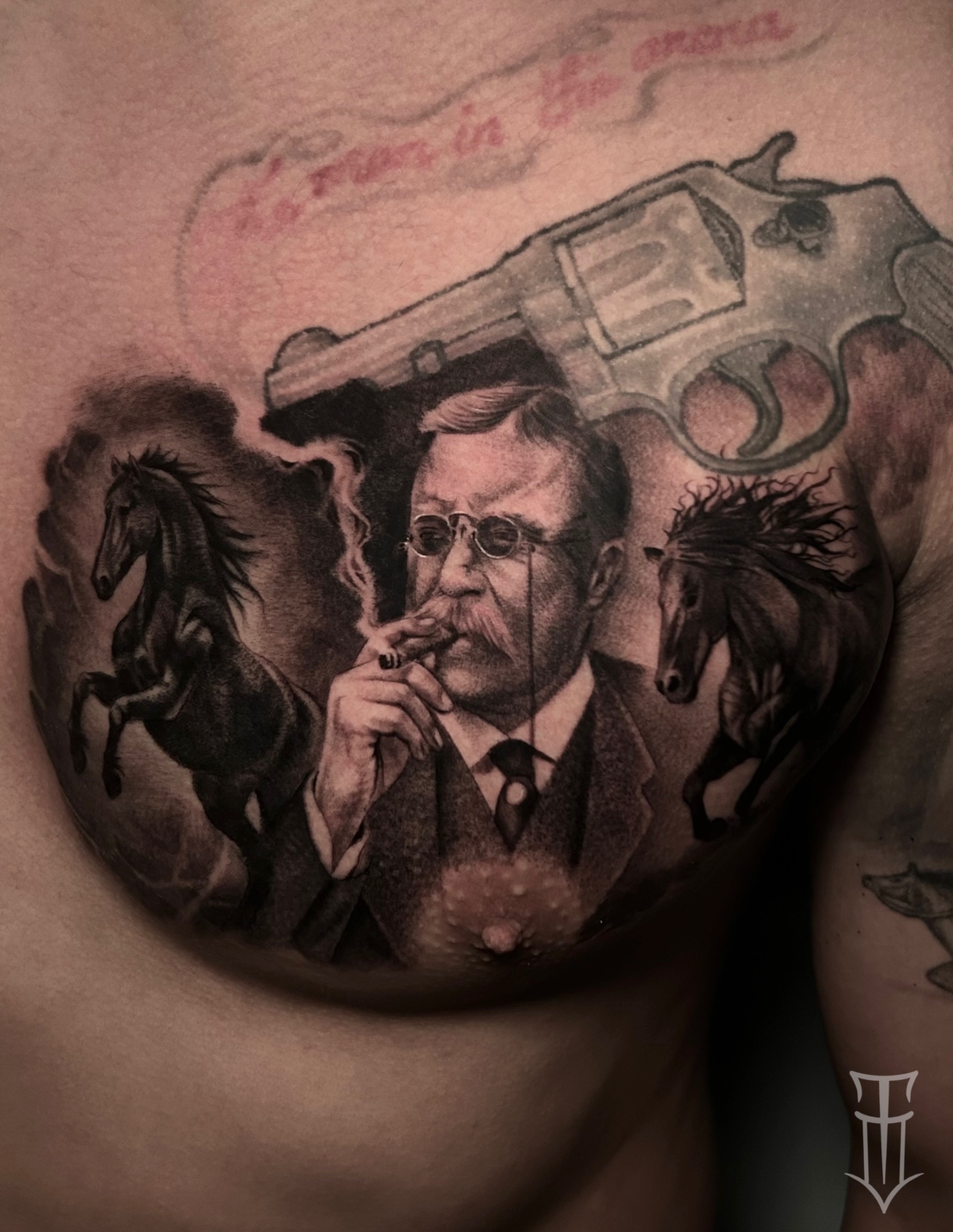 Man smoking cigar realism tattoo on the chest by Tyler Osburn