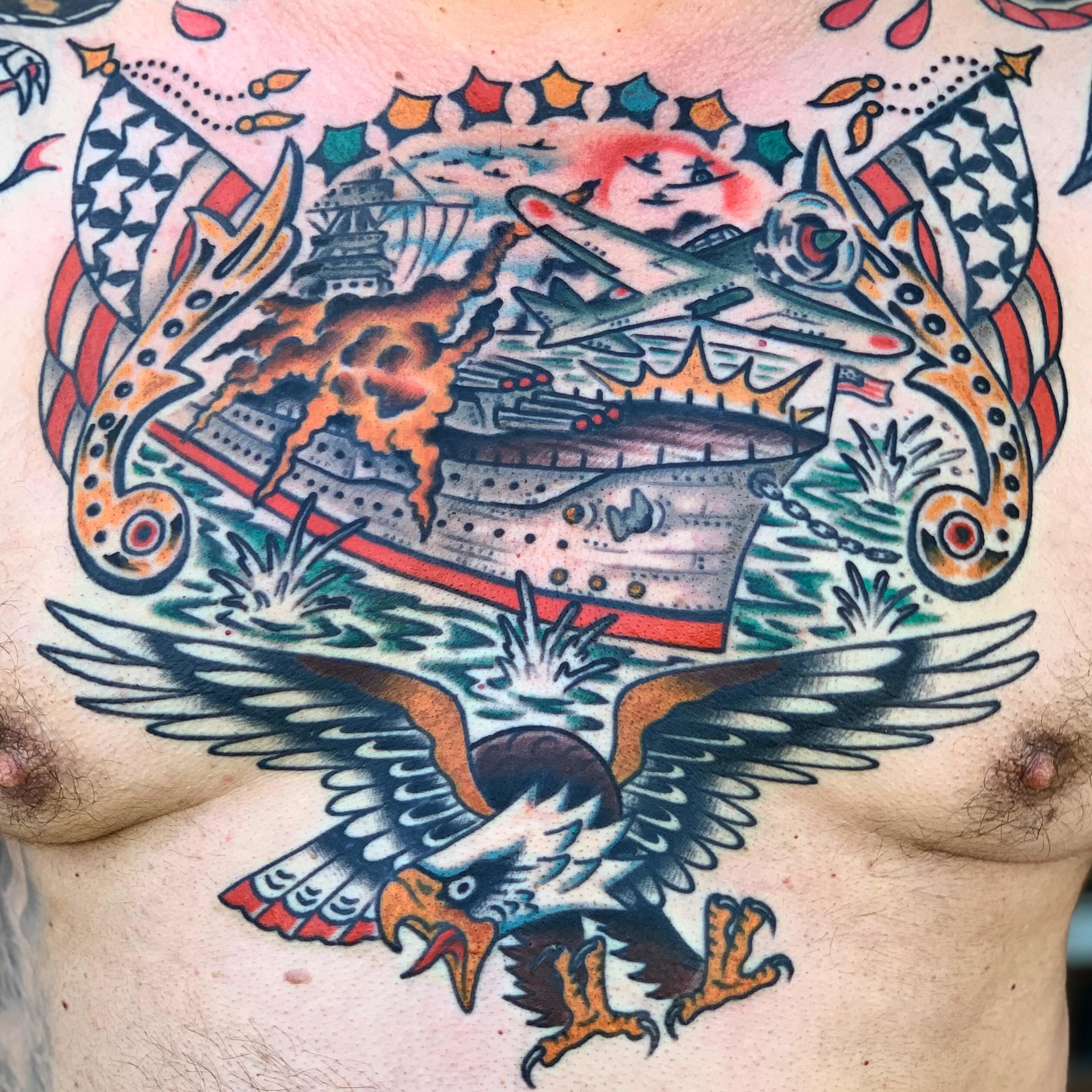 Naval battle scene American traditional tattoo on the chest by Los Angeles Tattoo Artist