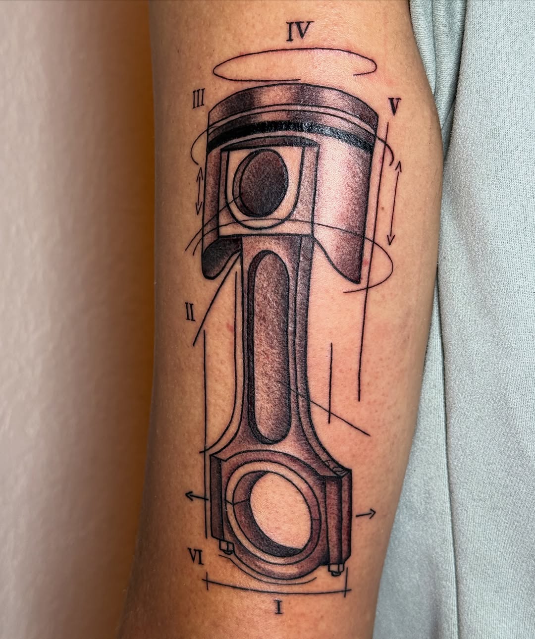 Engine piston blueprint minimalist tattoo on the forearm by ππππππ