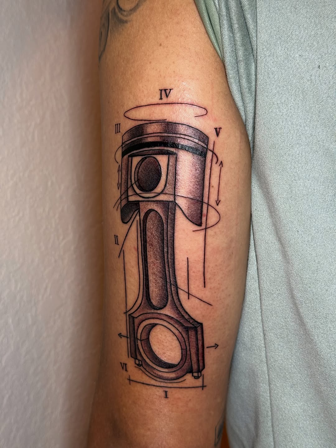 Piston and connecting rod blueprint minimalist tattoo on the forearm by ππππππ