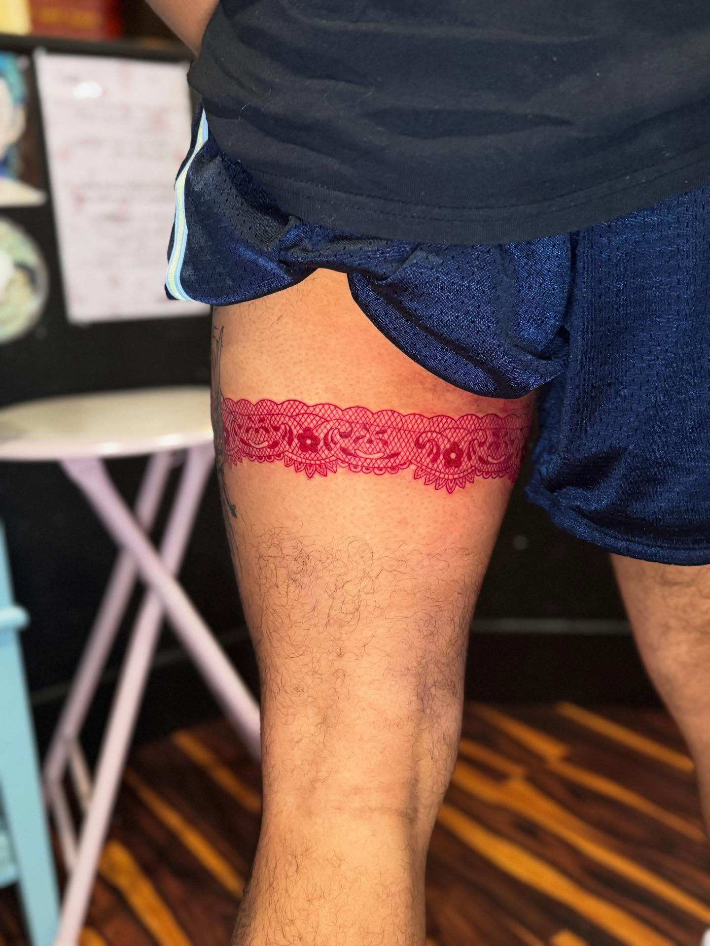 Lace ornamental tattoo on the thigh by Bekahboogah