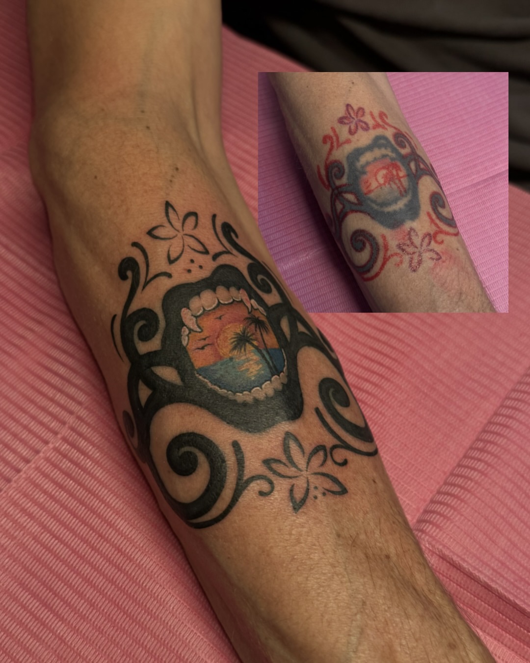 Tropical sunset new school tattoo on the forearm by 𝙷𝚊𝚒𝚕𝚎𝚢 𝙷𝚊𝚛𝚎𝚗 ✯ 𝙽𝙴 𝙾𝚑𝚒𝚘 𝚃𝚊𝚝𝚝𝚘𝚘 𝙰𝚛𝚝𝚒𝚜𝚝