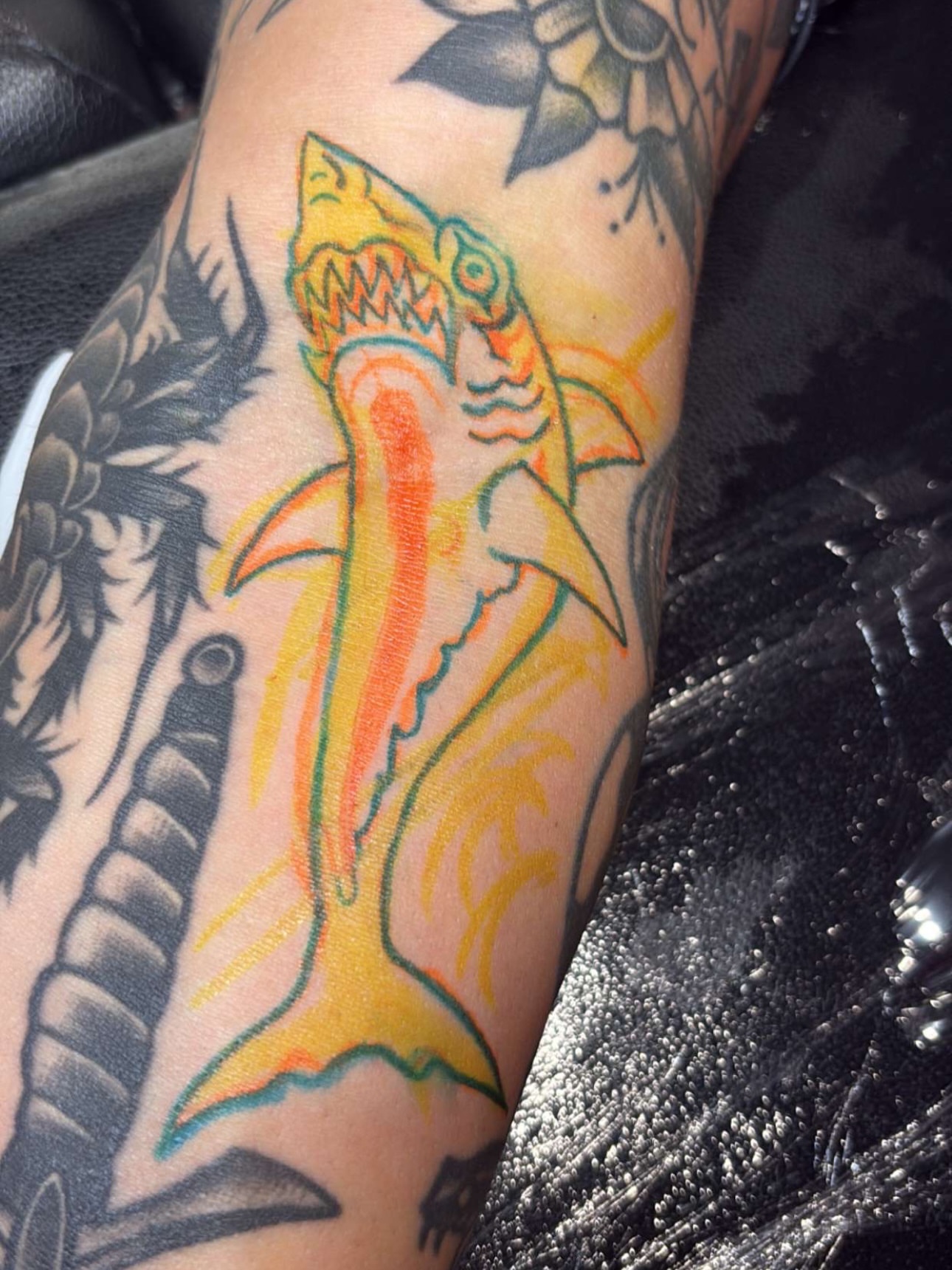 Shark American traditional tattoo on the forearm by Chris Prince Jr., Miamisburg, Ohio