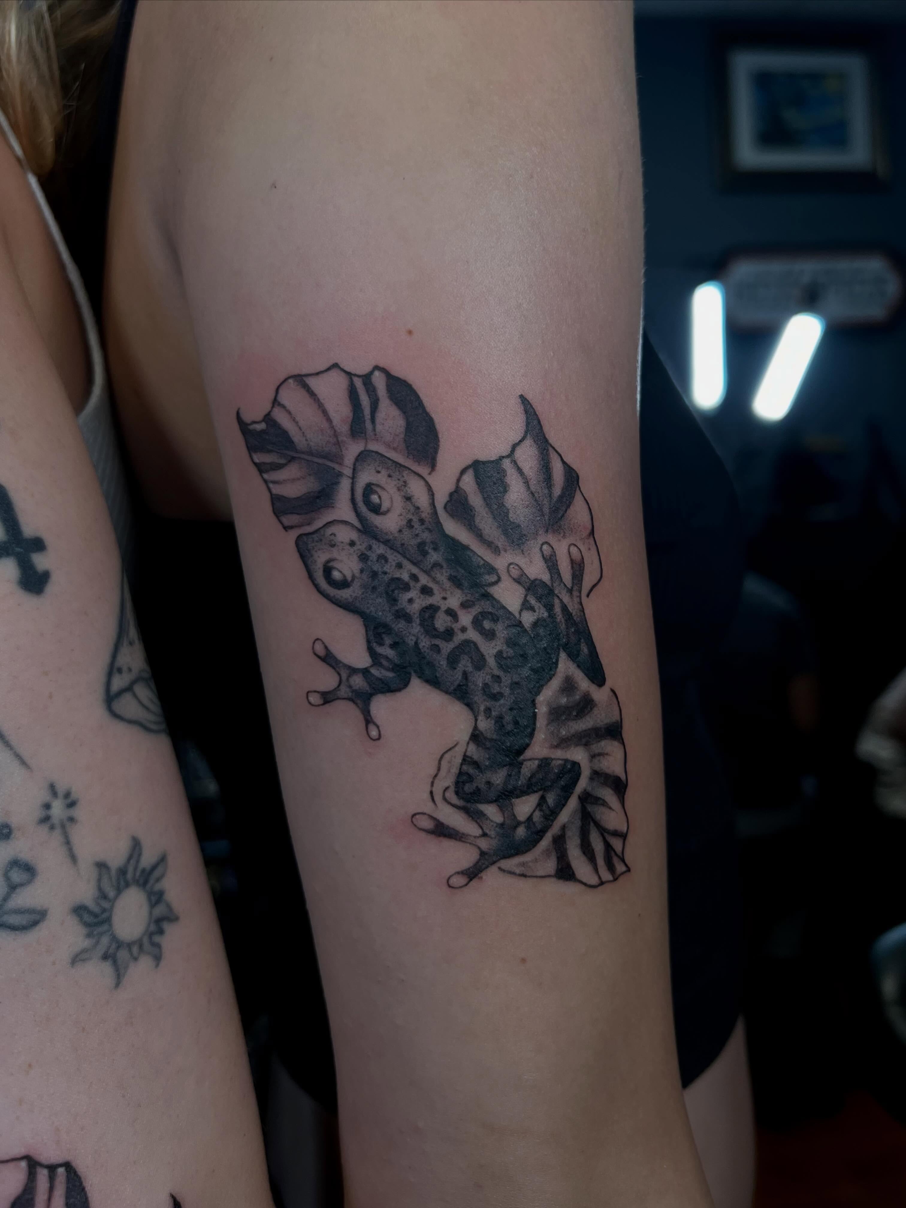 Frog black and grey tattoo on the forearm by Ady Paige