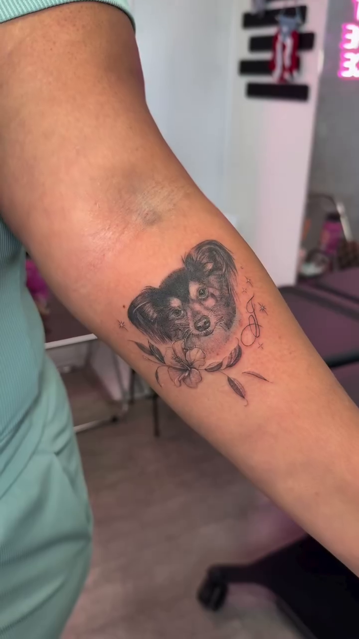Dog portrait realism tattoo by Yaya Tattoos ✩ Fine Line Tattoos