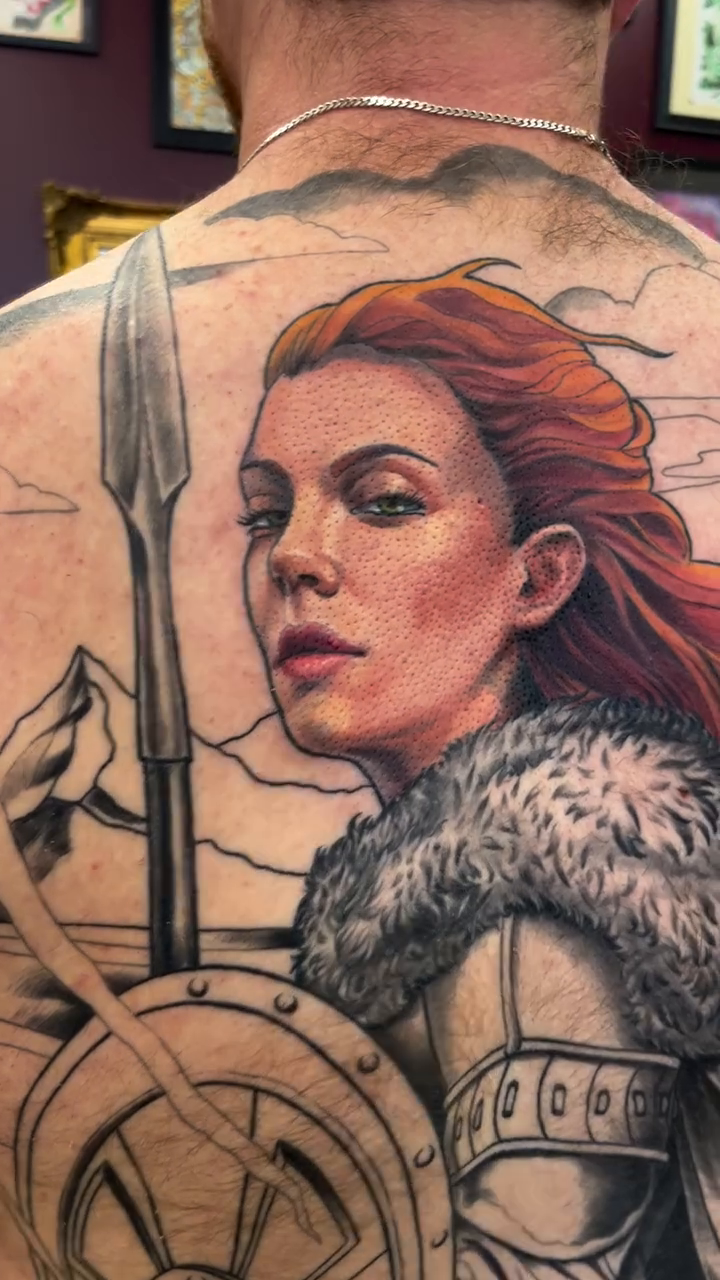 Viking woman warrior portrait realism tattoo on the back by Megan Merrell (Butler)