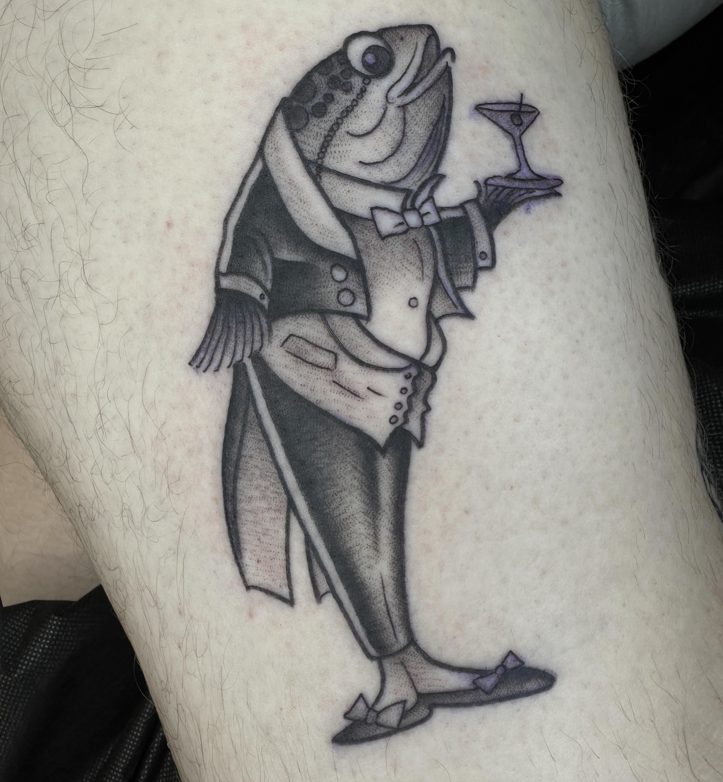 Fish waiter dotwork tattoo on the thigh by Amelia Rose, Los Angeles, California