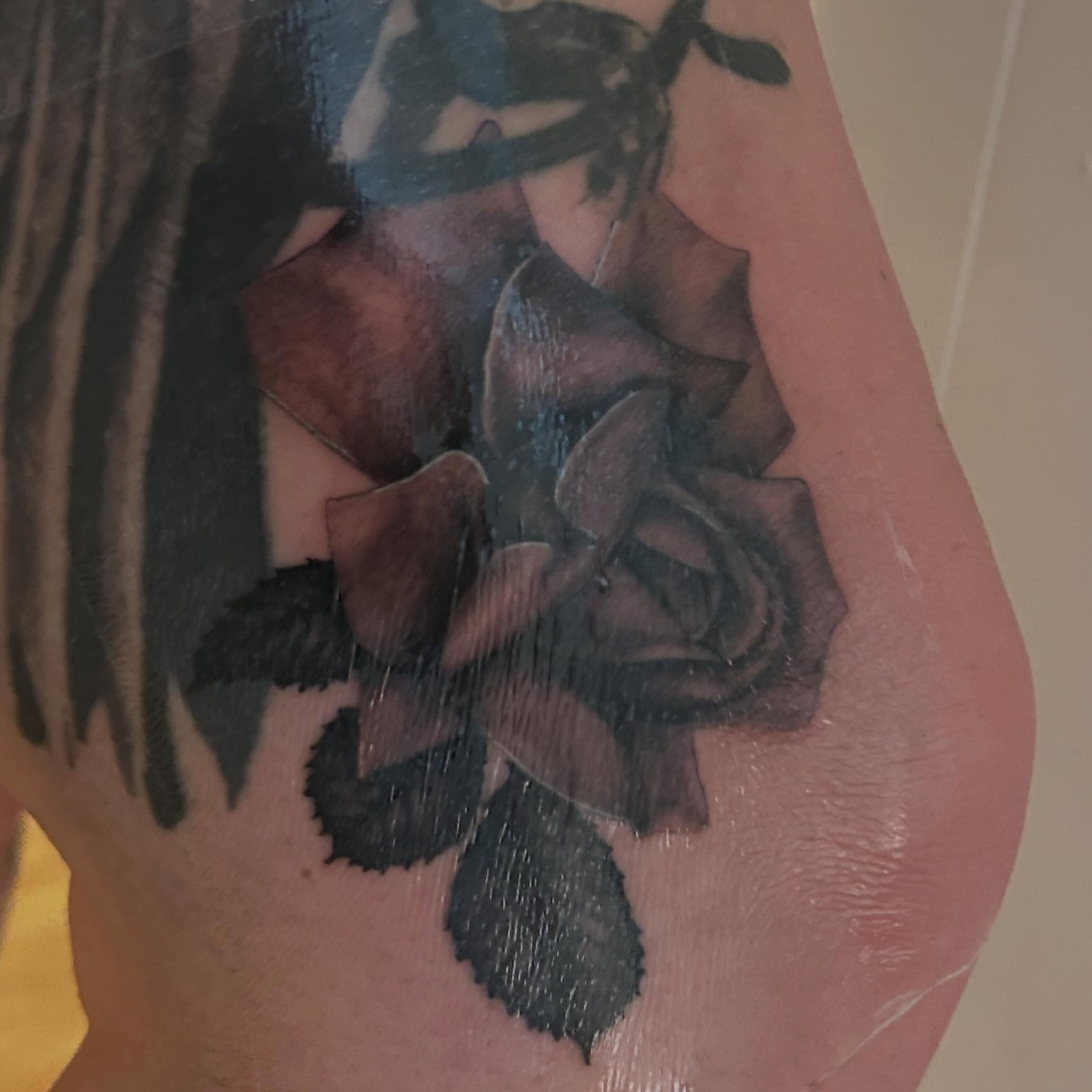Rose black and grey tattoo on the shoulder by Alex Lang