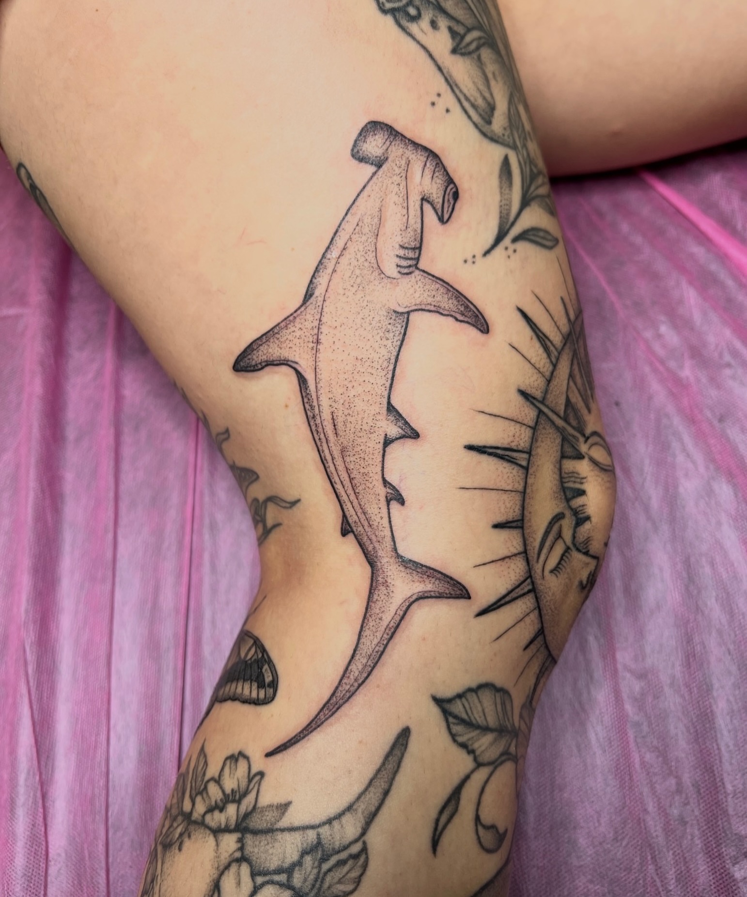 Hammerhead shark dotwork tattoo on the forearm by Bri Leflore