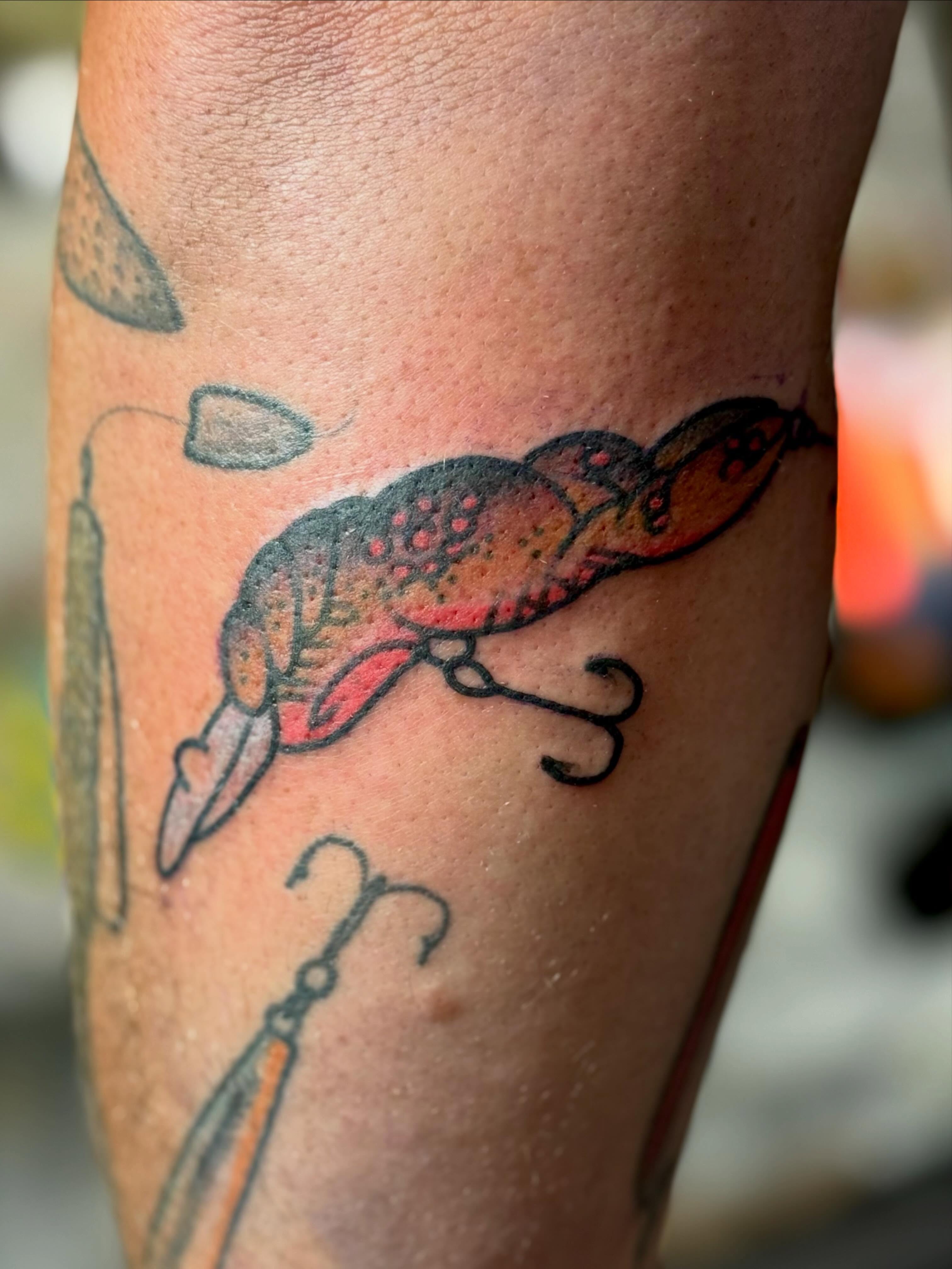 Fishing lure American traditional tattoo on the forearm by KevinBetsch