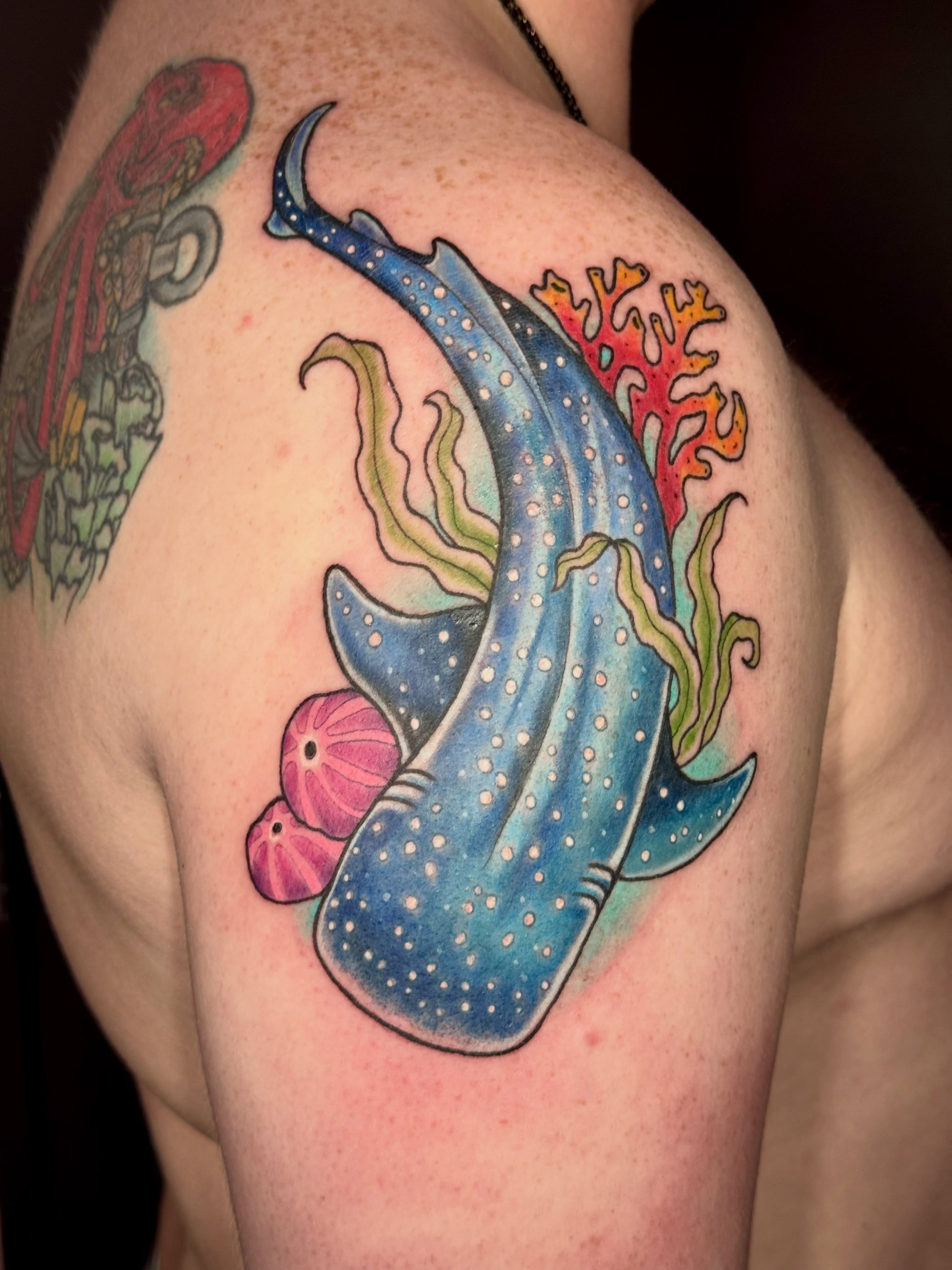 Whale shark dotwork tattoo on the shoulder by Caitlynn Austin