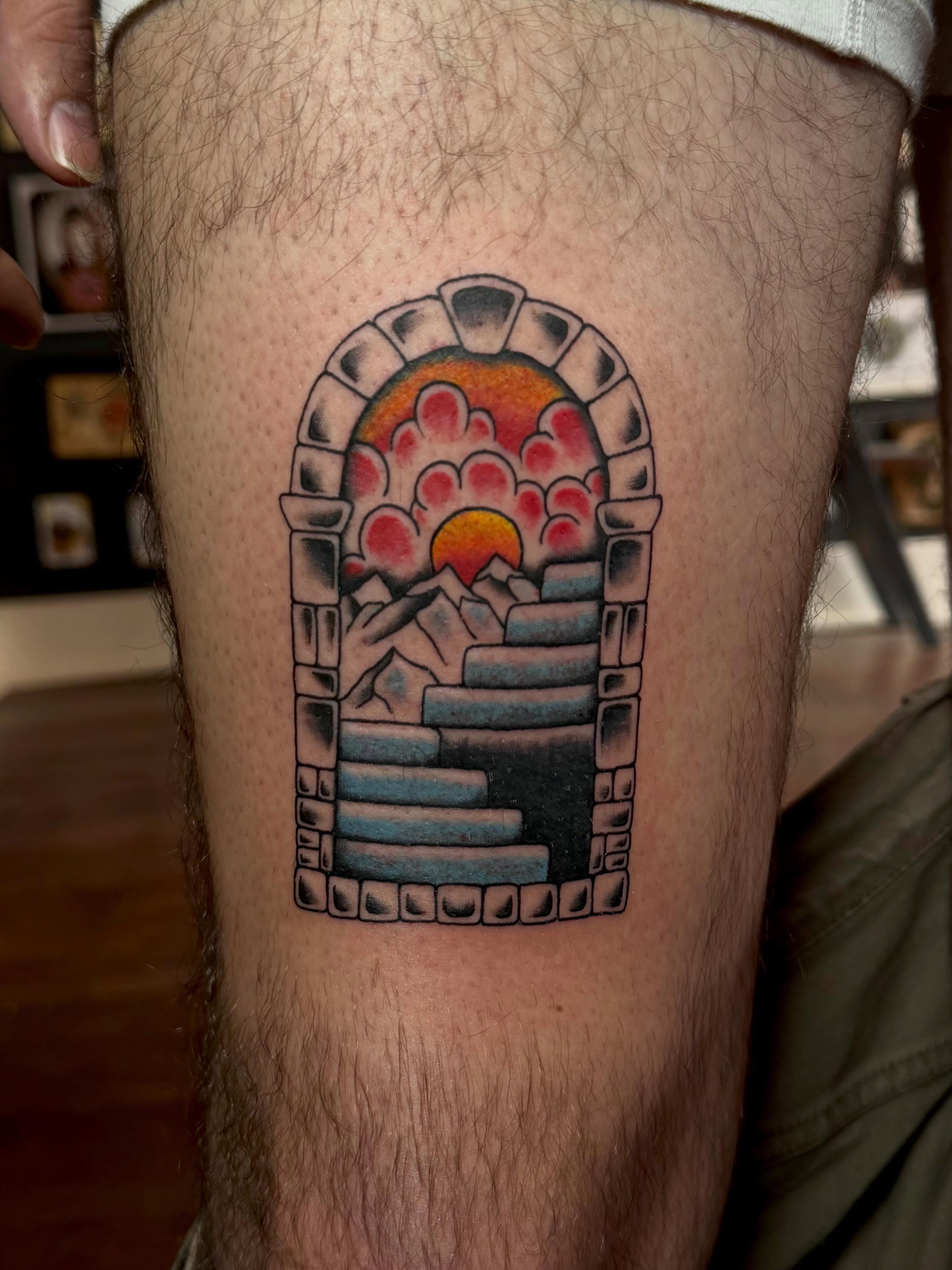 Window with mountain and sunset geometric tattoo on the thigh by Alaska ⚜️