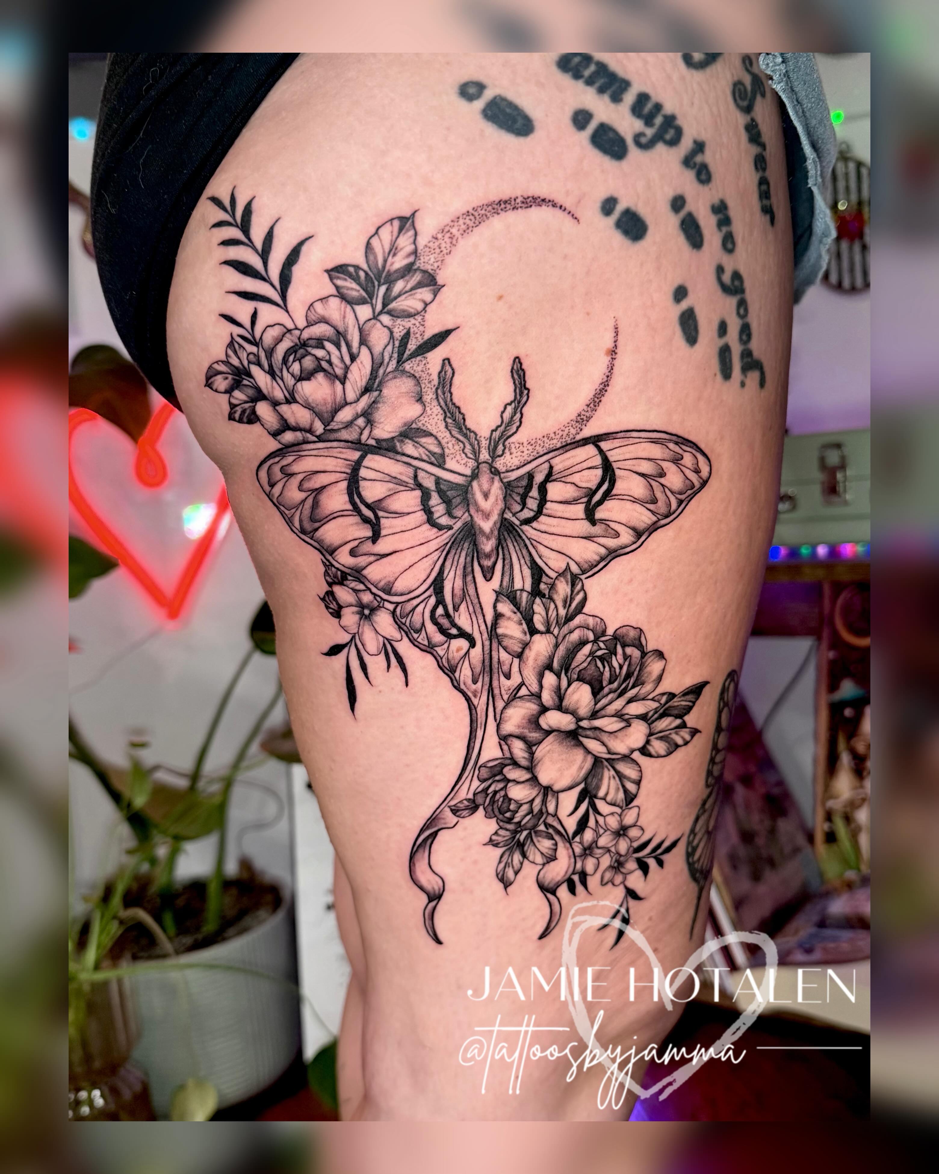 Moth and flowers dotwork tattoo on the thigh by πππππππ π½π² ππππππ π°πππππ π πΉππππ π·ππππππβ¨