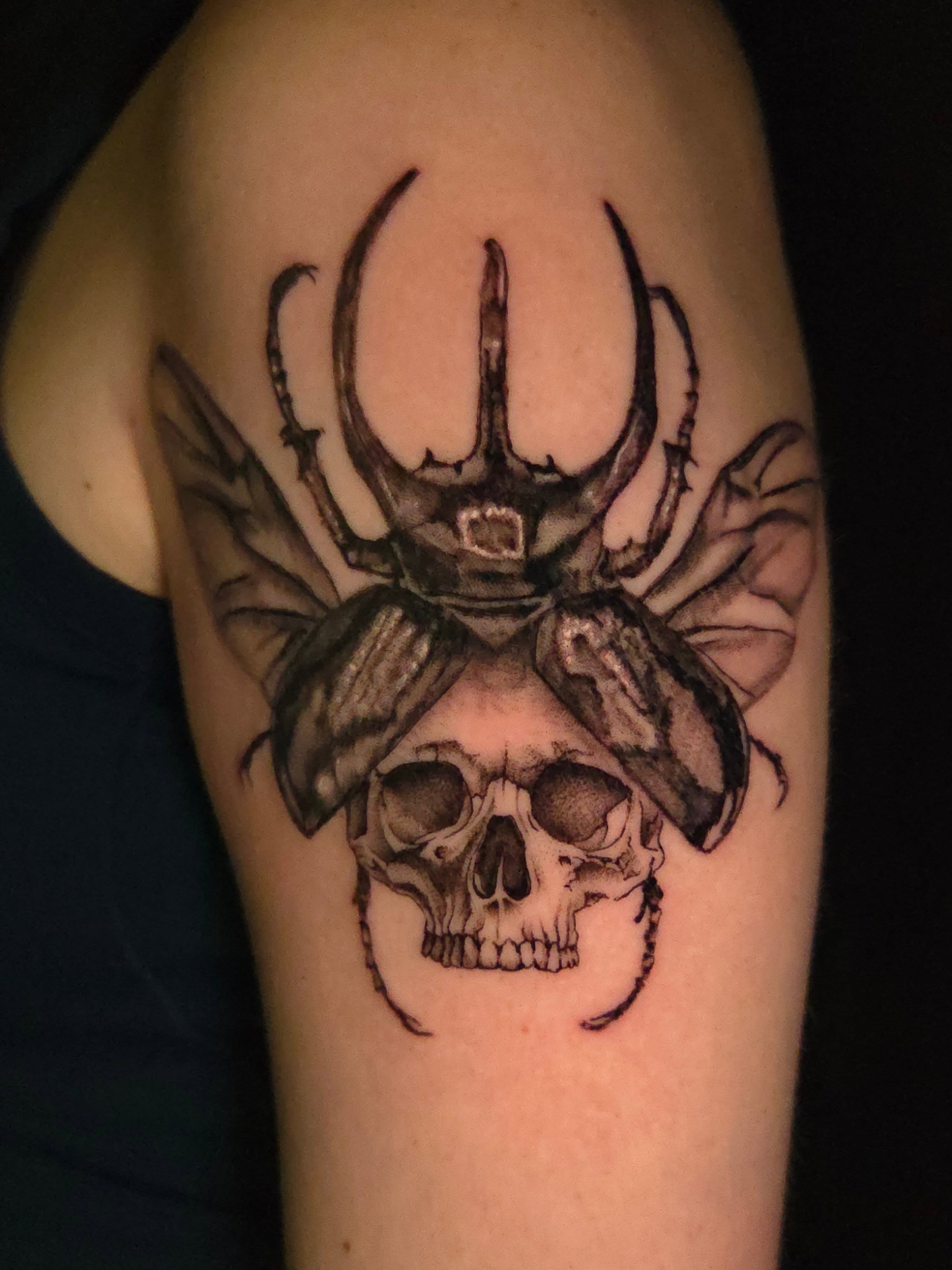 Skull and beetle realism tattoo on the shoulder by Maya Neideck