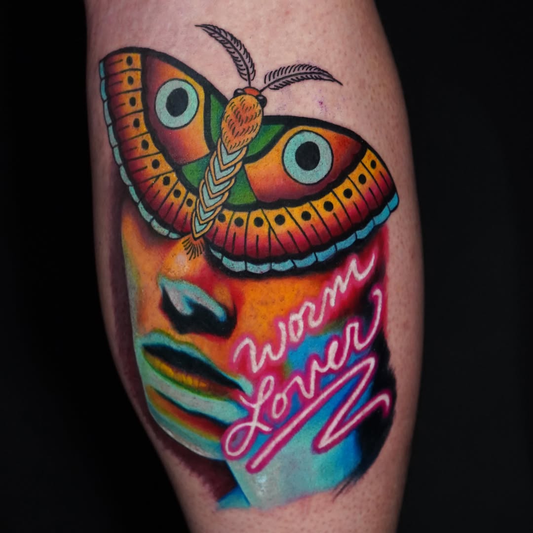 Butterfly new school tattoo on the forearm by Gina Carlson