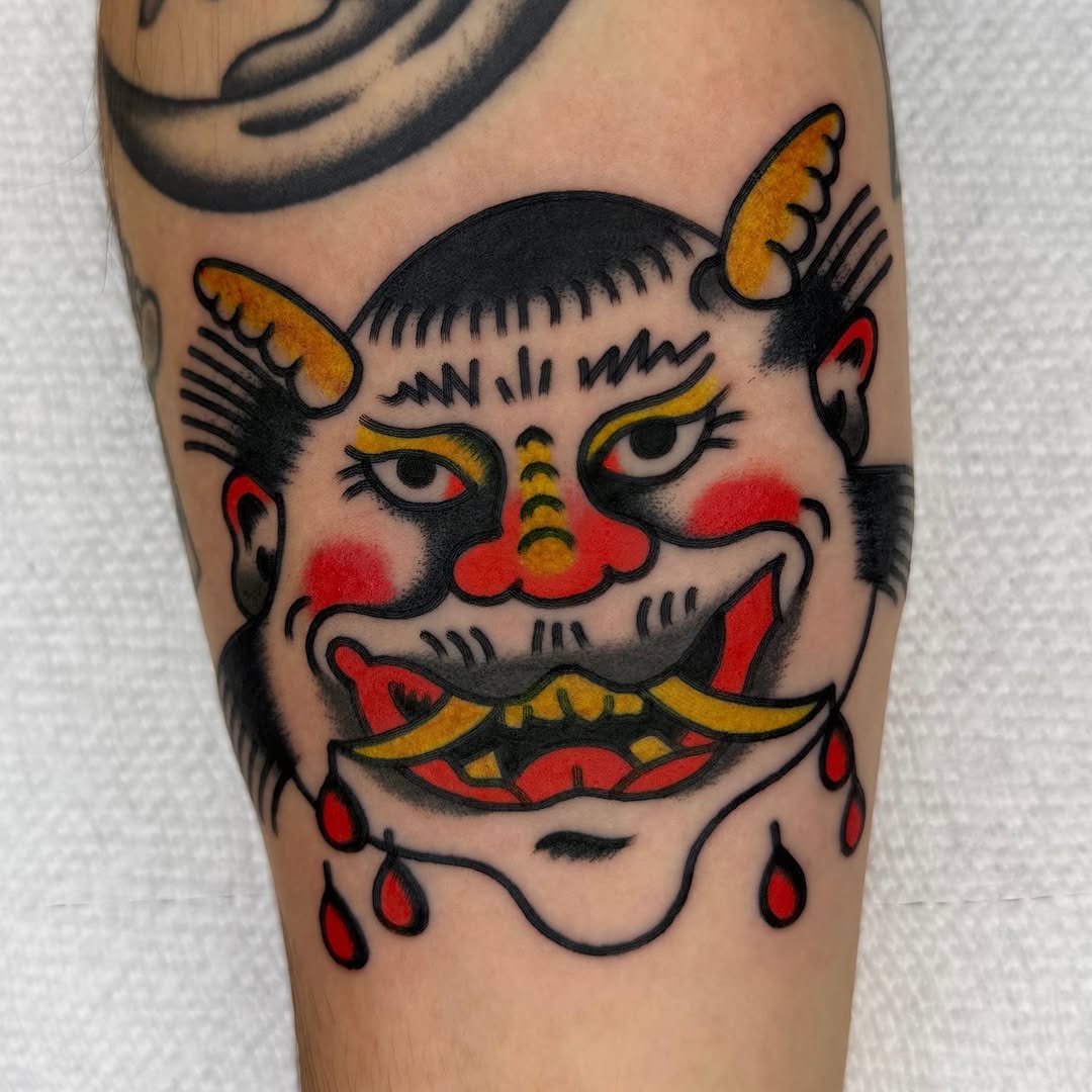 Demon mask American traditional tattoo on the forearm by لا Kenny McCabe لا