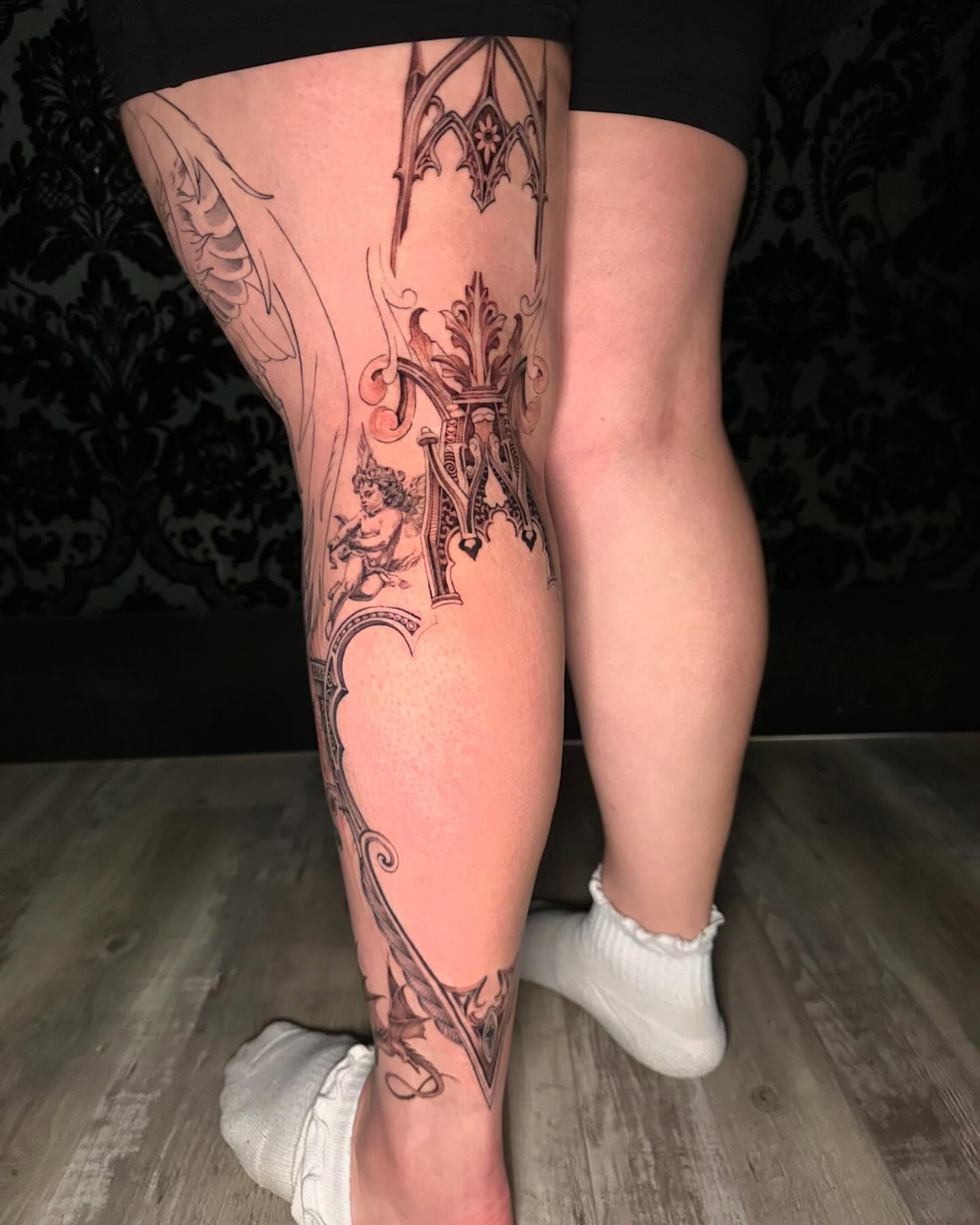Ornamental design ornamental tattoo on the leg by Cassandra Rasper-Beard