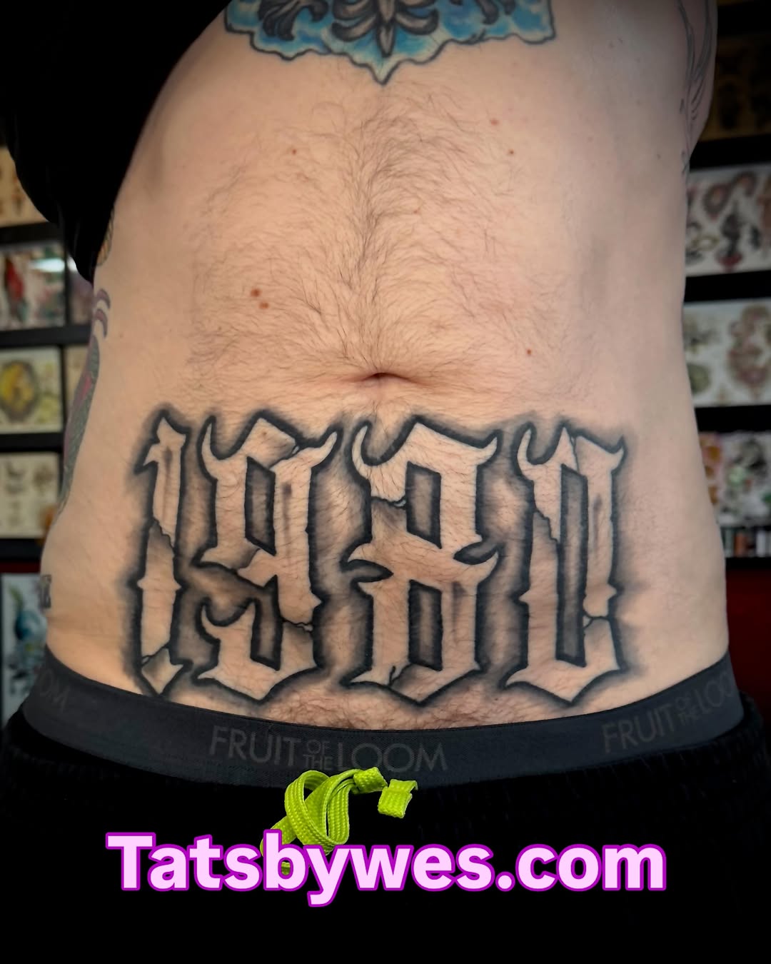 1980 black and grey tattoo on the torso by 𝐖𝐄𝐒