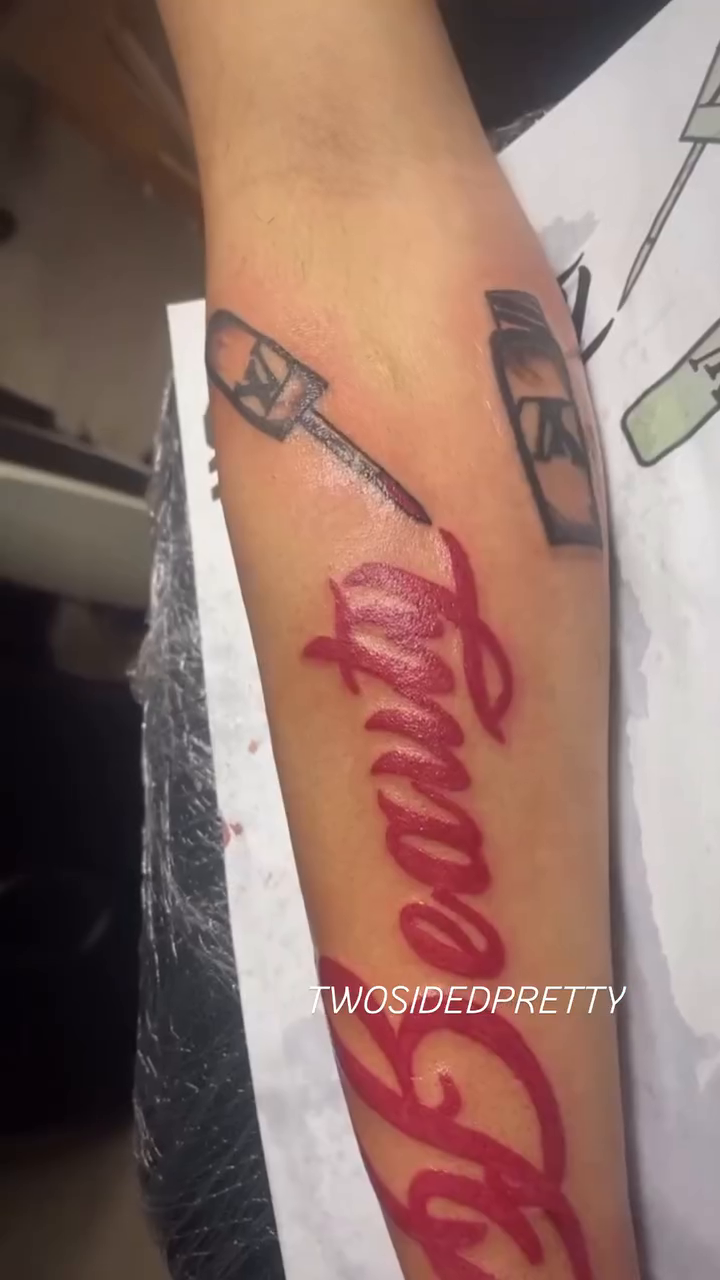 Beauty script lettering tattoo on the leg by @twosidedpretty
