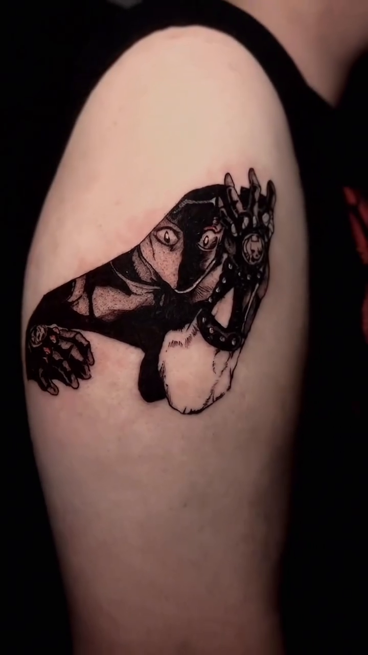Gorilla holding a human head blackwork tattoo by Sabrina, Harrison, New Jersey