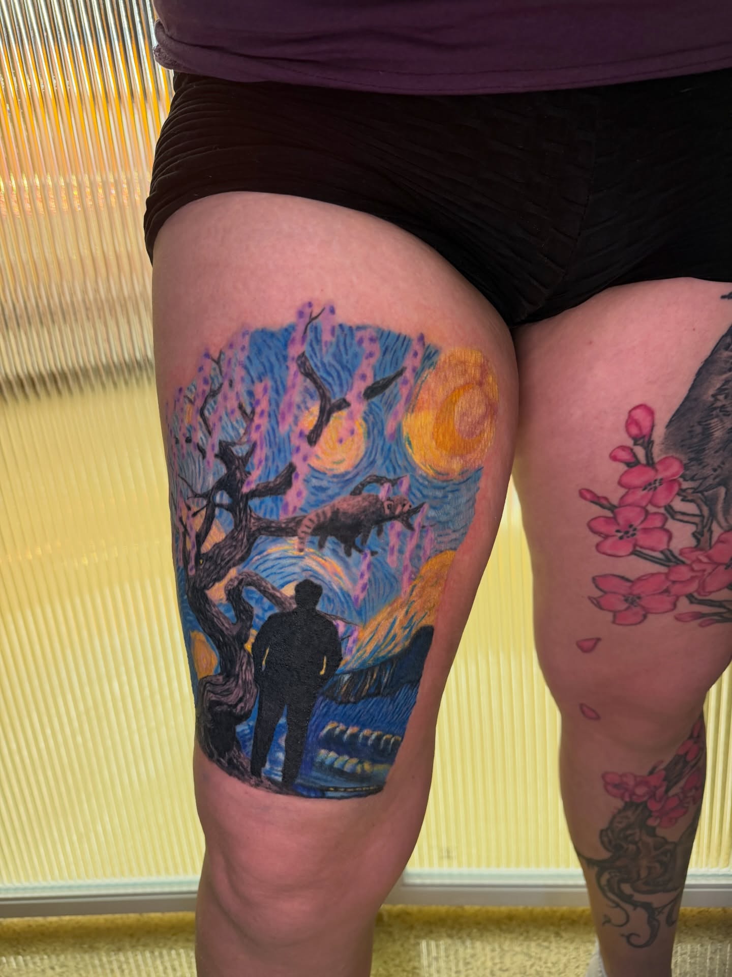 Abstract landscape dotwork tattoo on the thigh by Abbie Kaitlynn Taylor, Dayton, Ohio