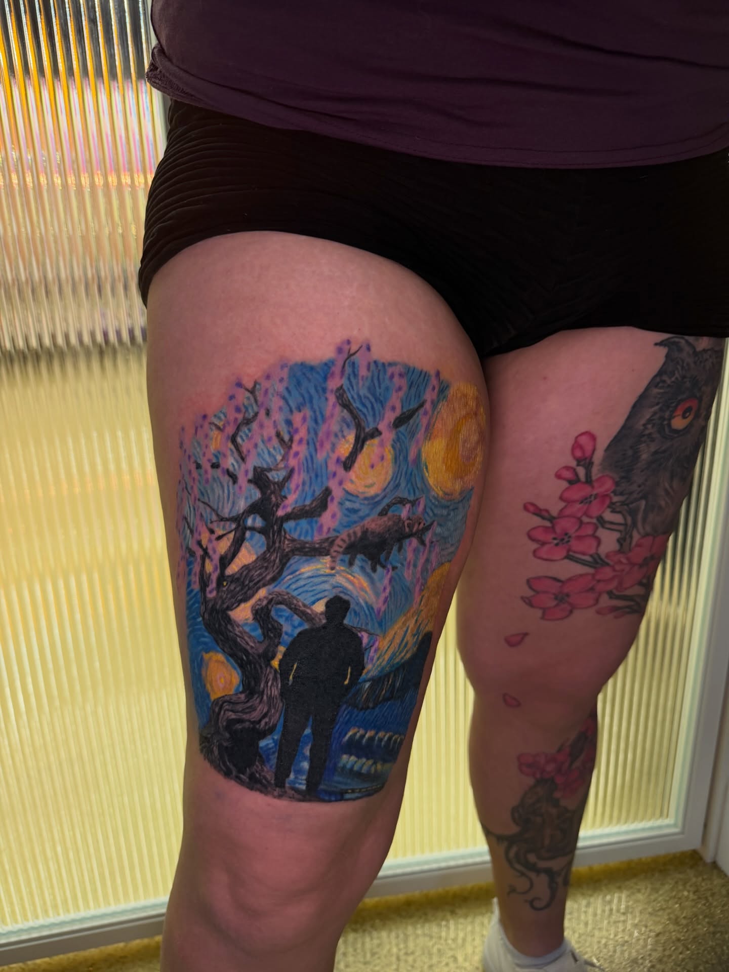 Abstract landscape dotwork tattoo on the thigh by Abbie Kaitlynn Taylor, Dayton, Ohio
