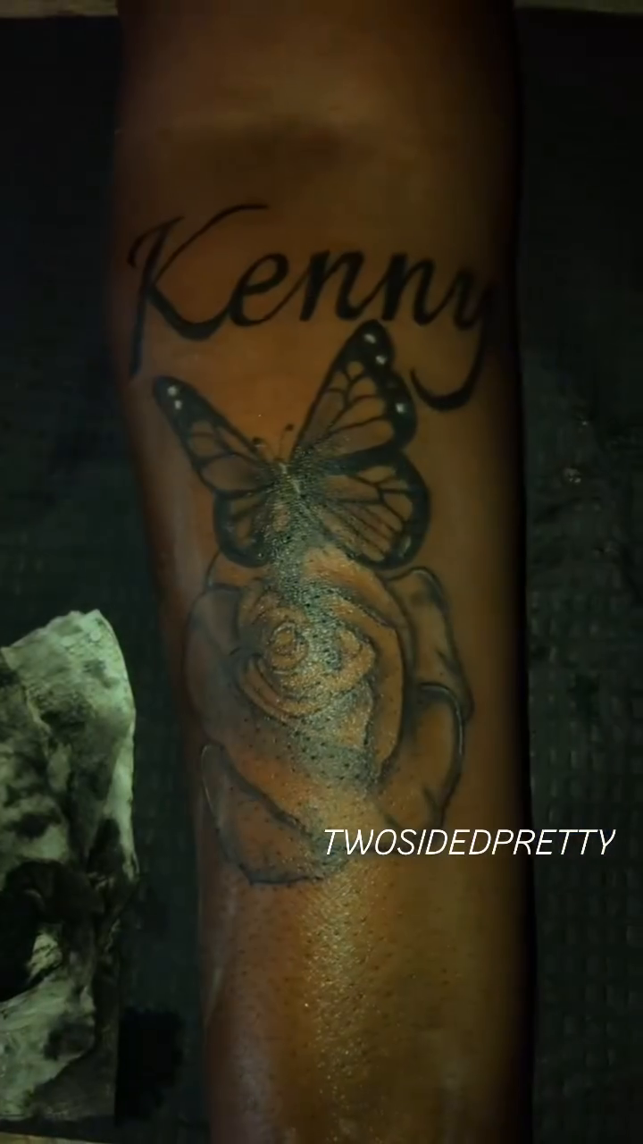 Name and dates lettering tattoo on the forearm by @twosidedpretty
