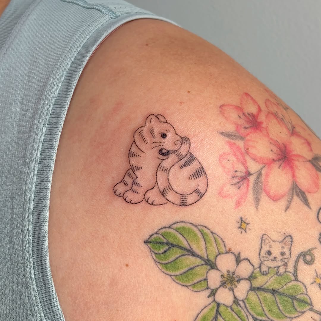 Cat and flowers new school tattoo on the shoulder by alli ミ☆