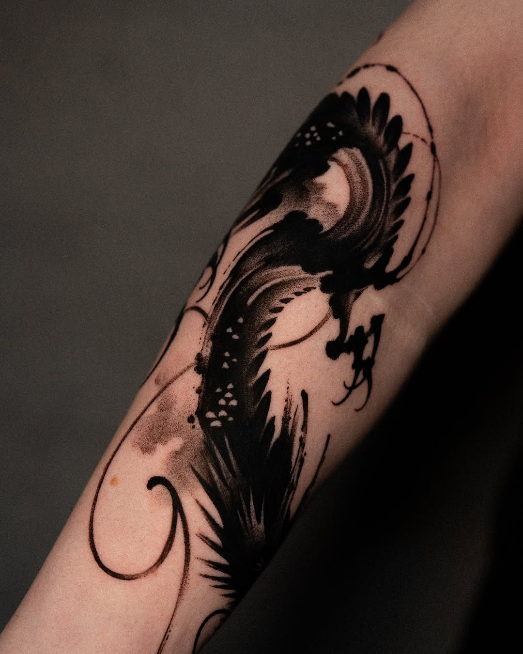 Dragon sketch tattoo on the forearm by Low, Brooklyn, New York