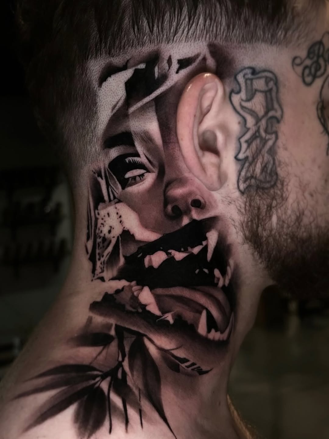 Face and animalistic features realism tattoo on the neck by Dallas Corsmeier