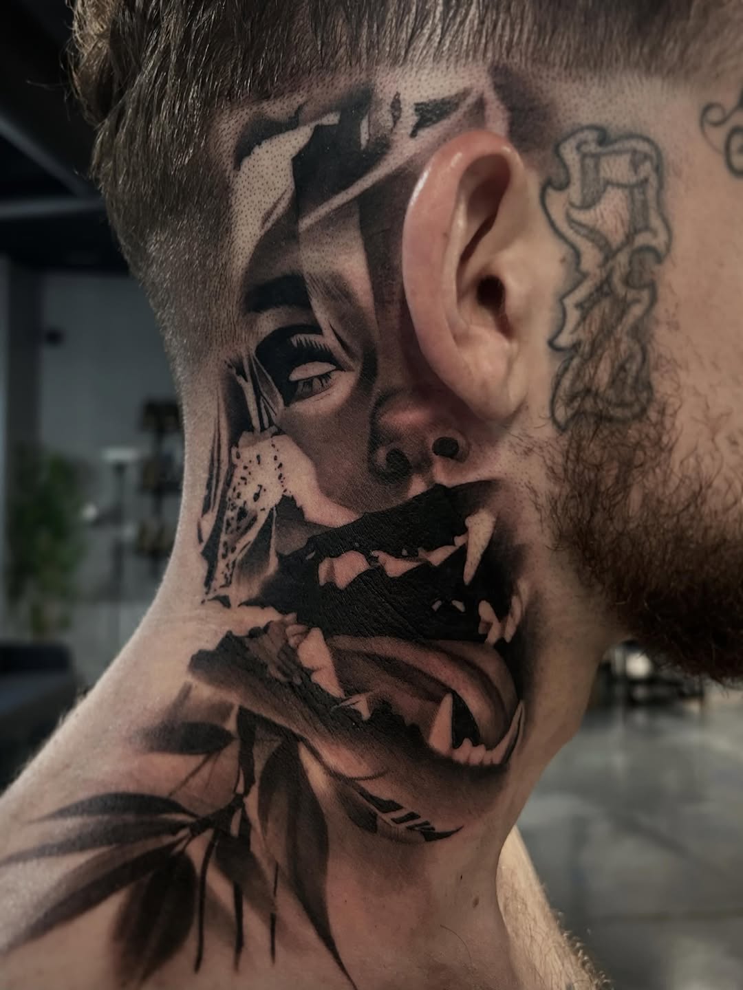Face and animalistic features realism tattoo on the neck by Dallas Corsmeier