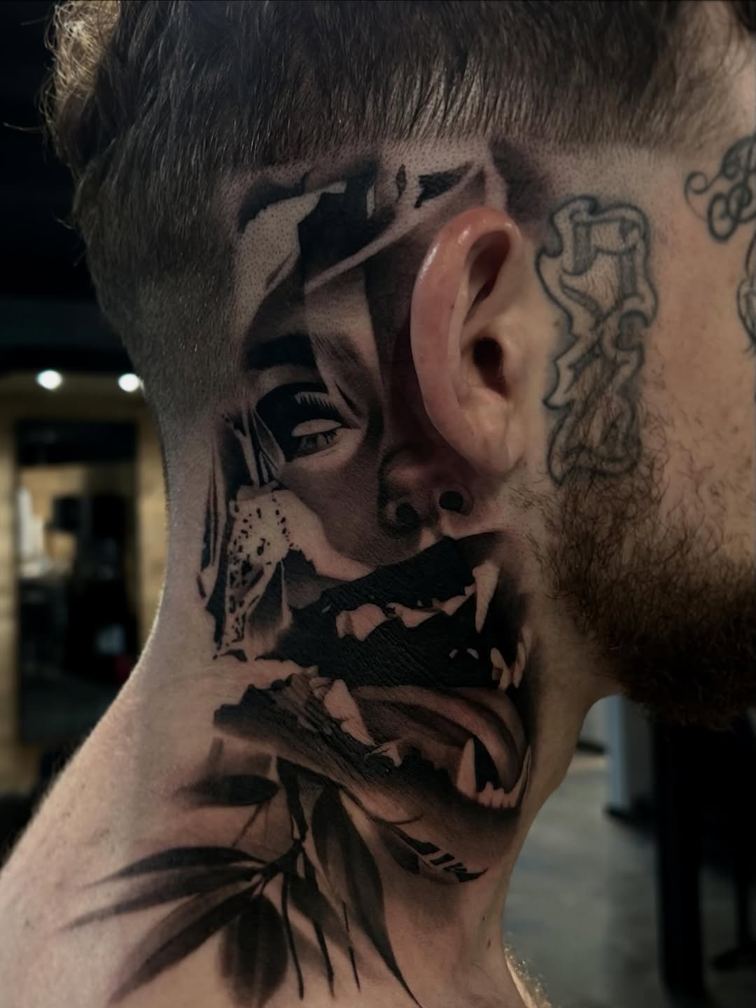 Face and animalistic features realism tattoo on the neck by Dallas Corsmeier